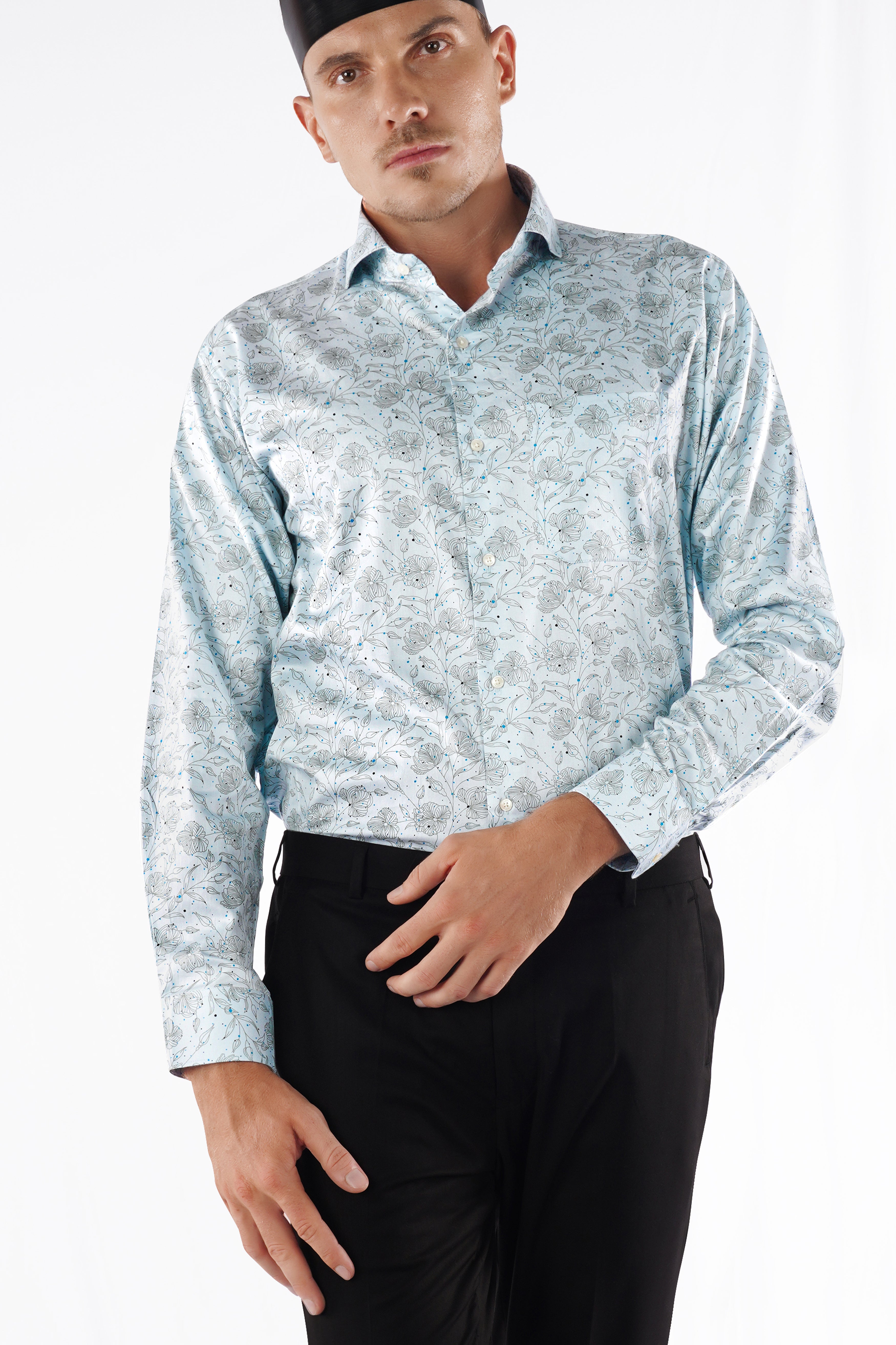Blizzard Blue Floral Printed Super Soft Premium Cotton Shirt