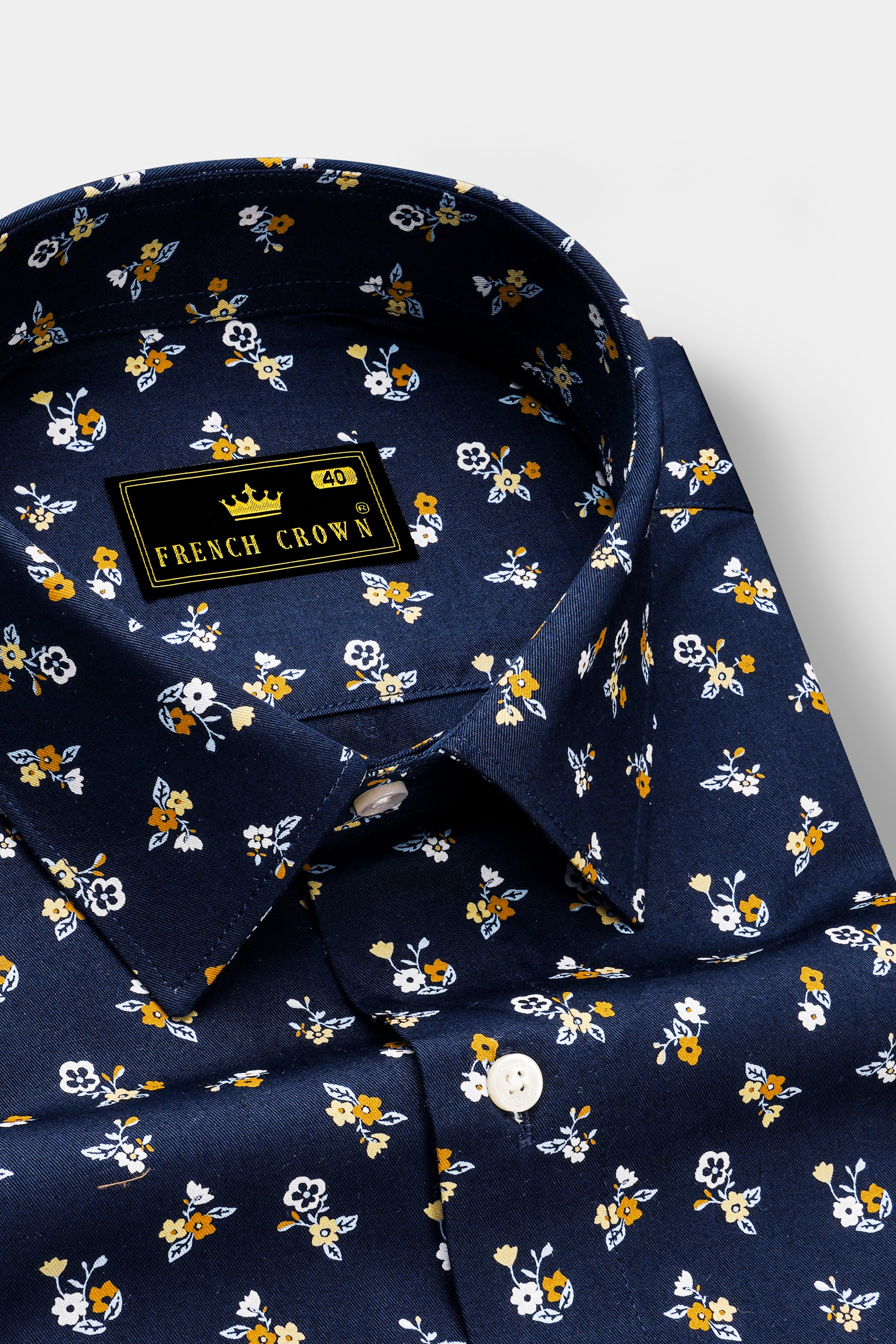 Ebony Navy Blue Ditsy Printed Twill Premium Cotton Shirt