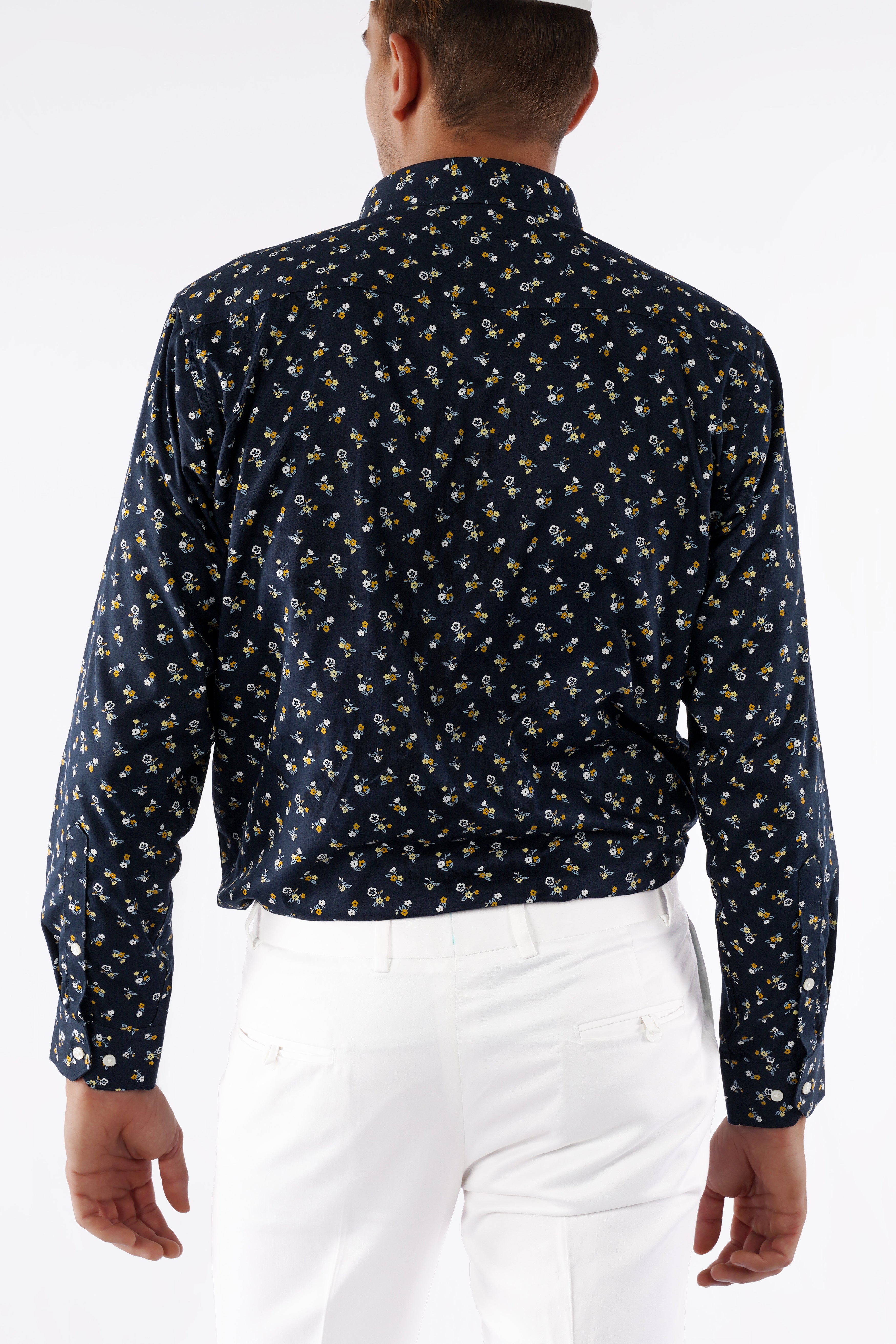 Ebony Navy Blue Ditsy Printed Twill Premium Cotton Shirt
