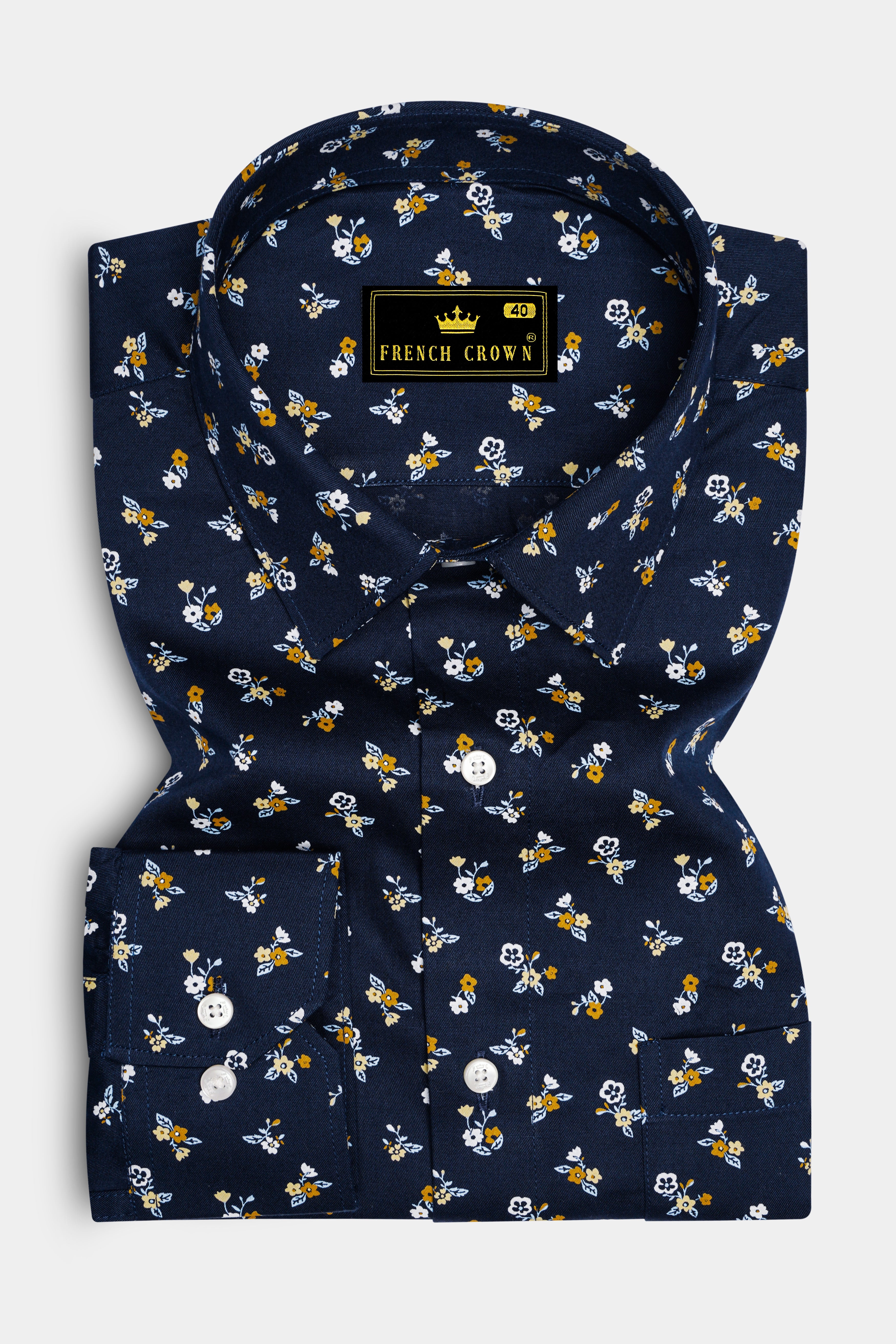 Ebony Navy Blue Ditsy Printed Twill Premium Cotton Shirt
