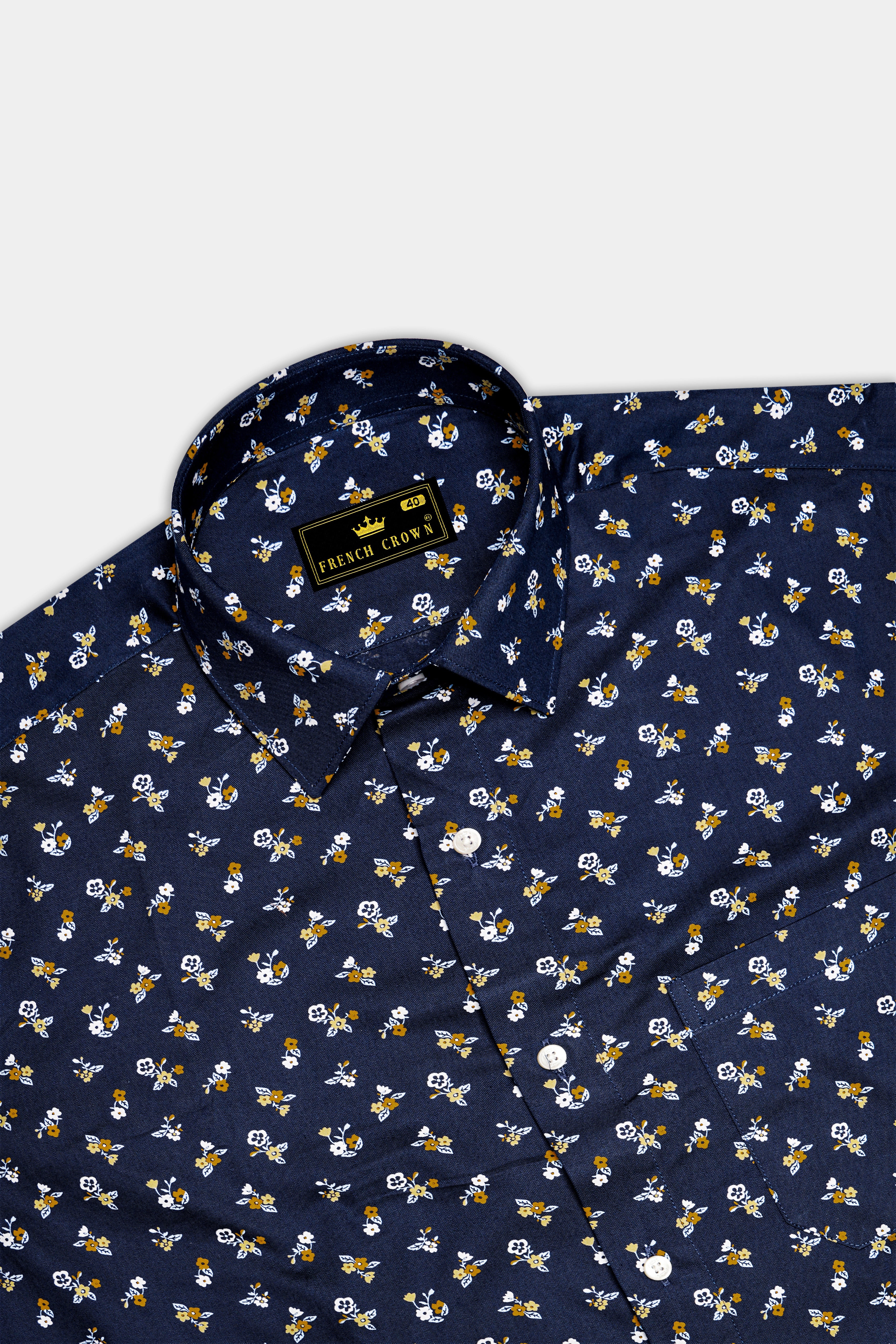Ebony Navy Blue Ditsy Printed Twill Premium Cotton Shirt
