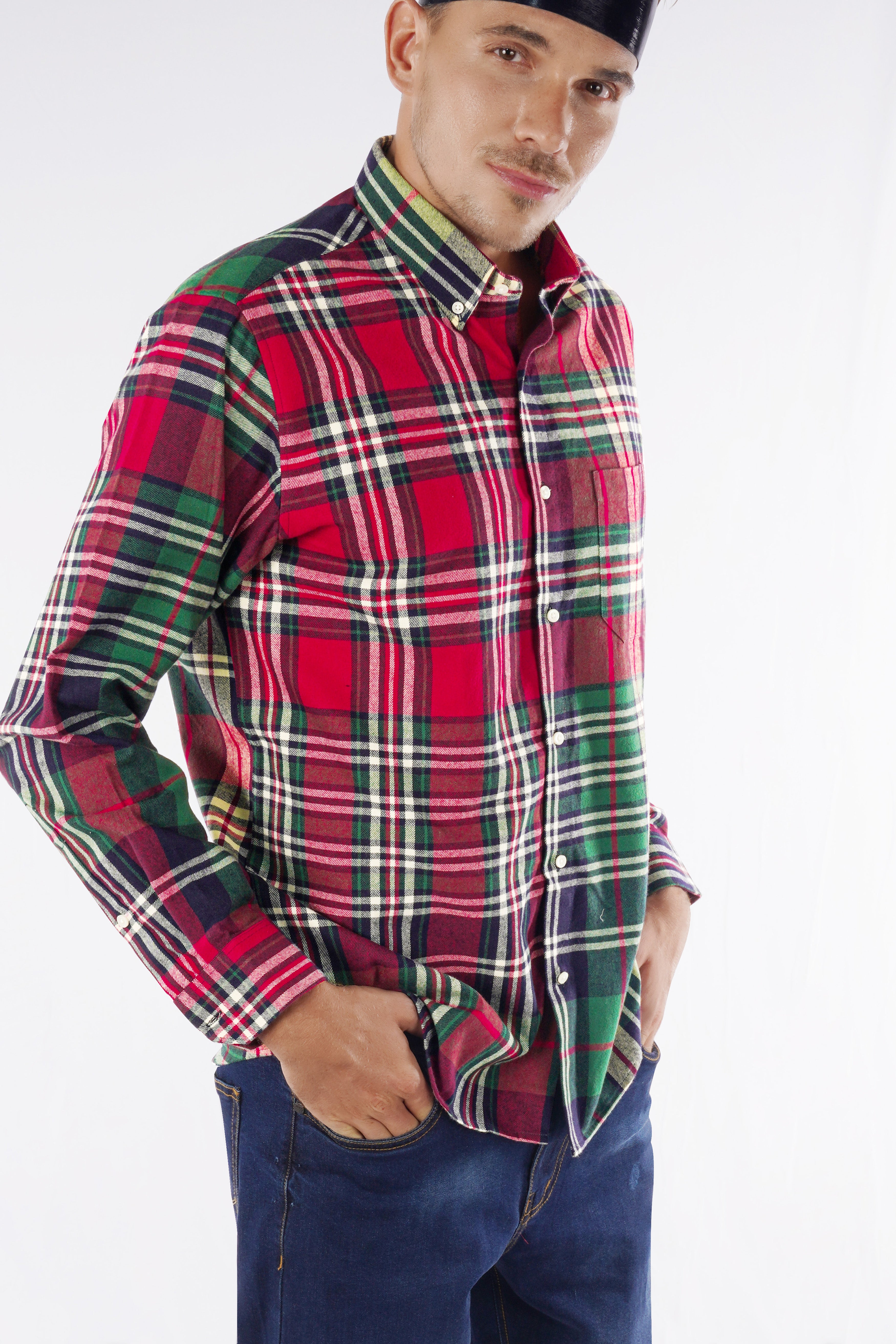 Carmine Red with Forest Green Plaid Button-Down Flannel Shirt