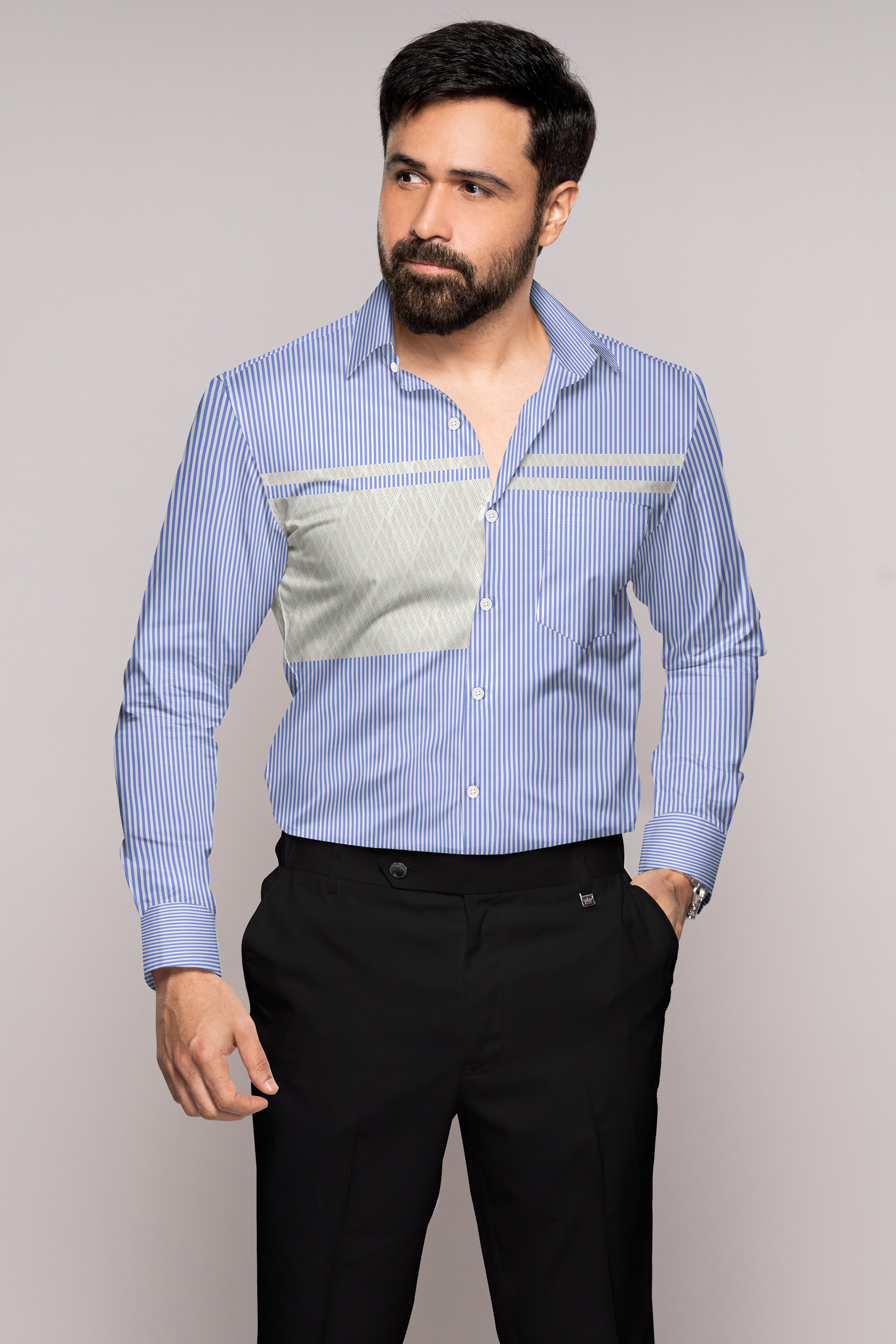 Glaucous Blue and White Striped Premium Cotton Designer Shirt