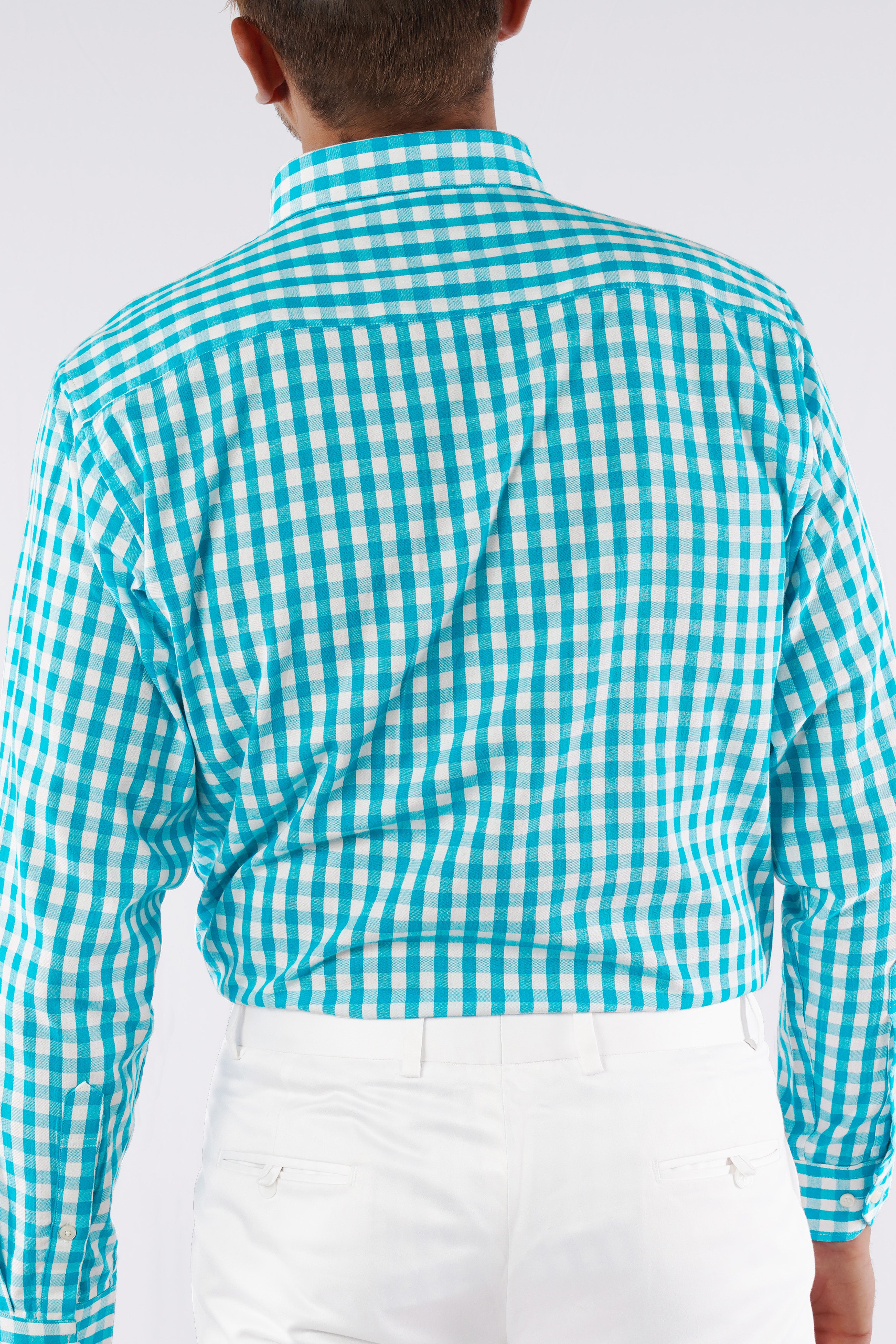 Cerulean Aqua Blue and White Checkered Royal Oxford Shirt