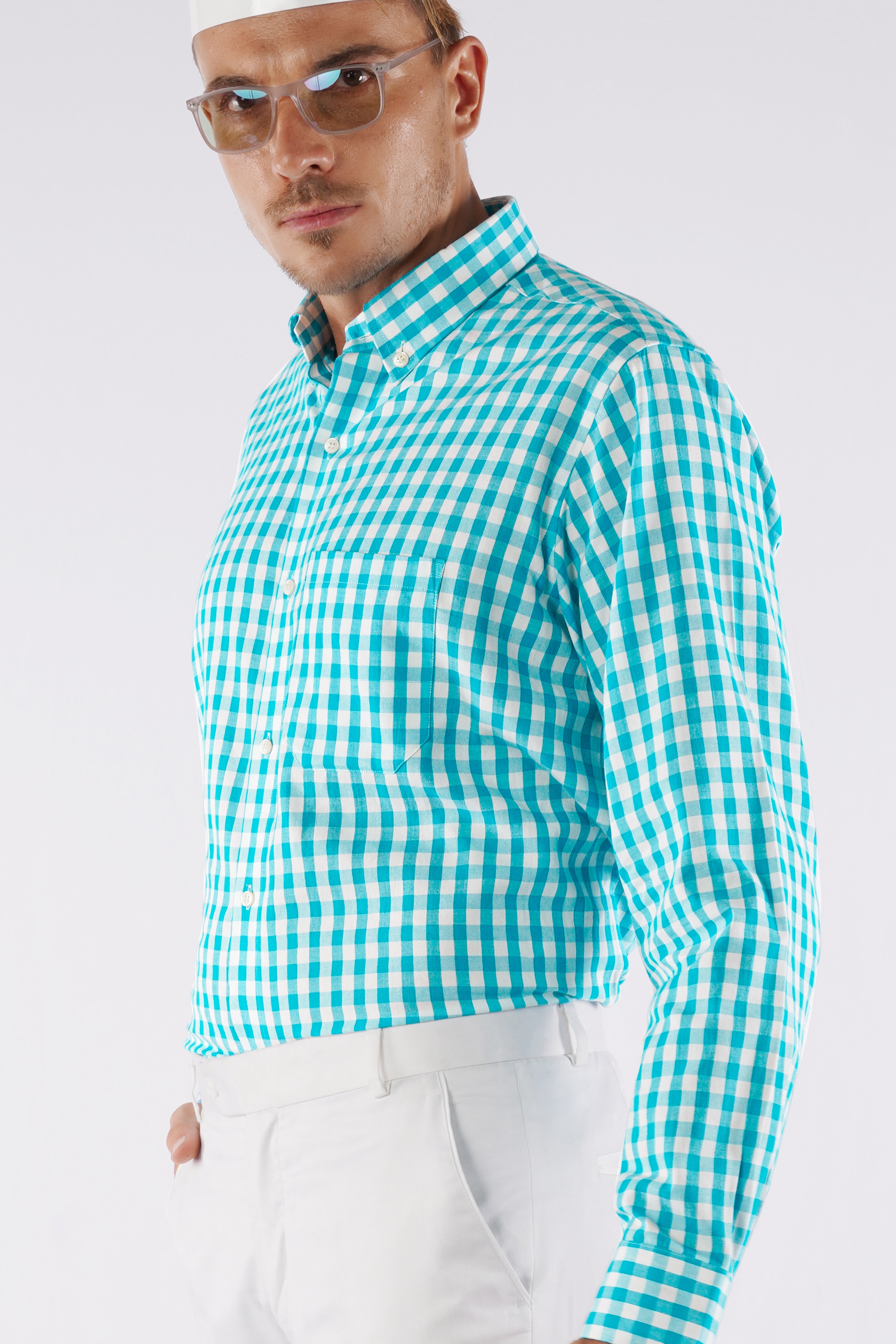 Cerulean Aqua Blue and White Checkered Royal Oxford Shirt