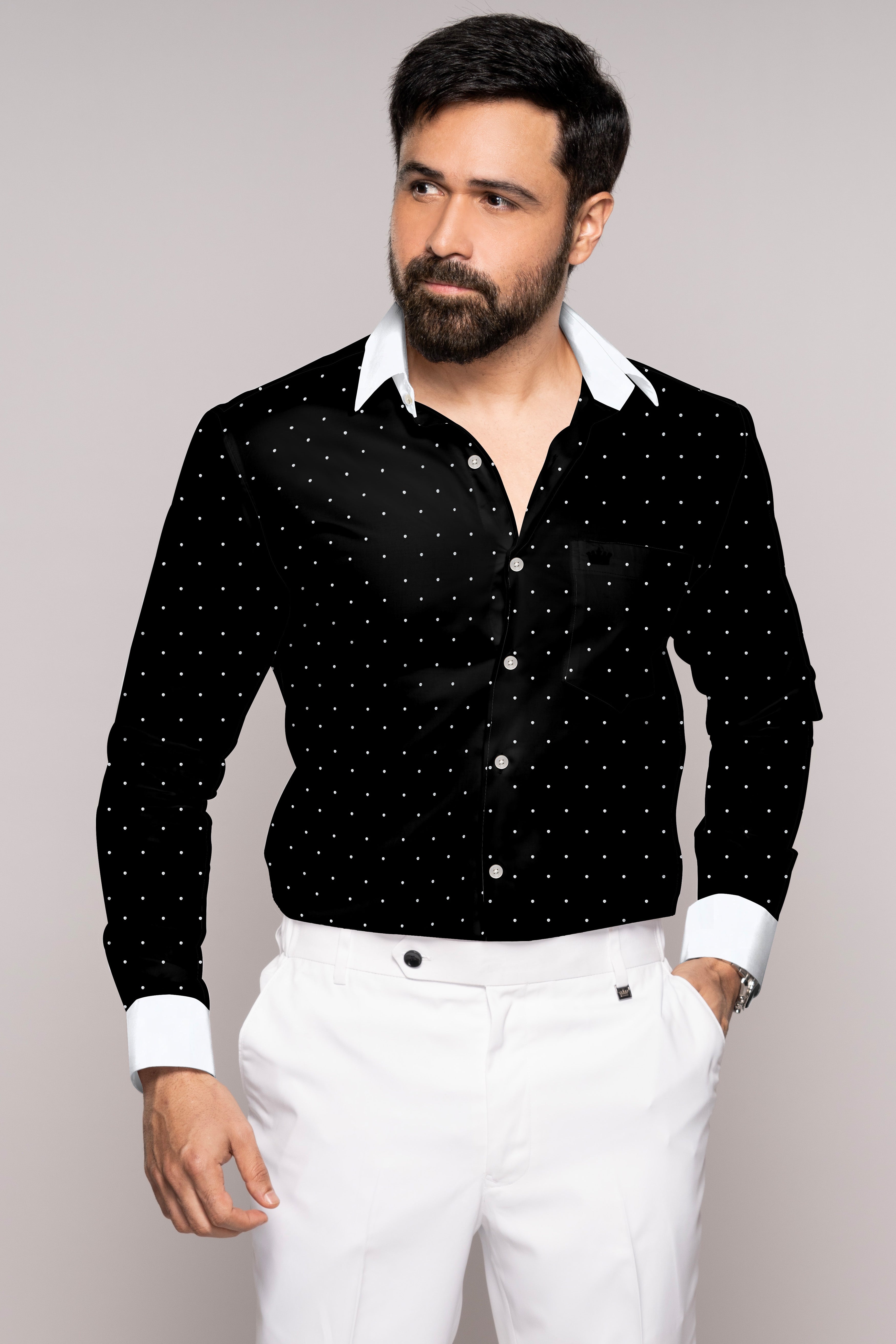Jade Black Polka Dotted with White Cuffs and Collar Super Soft Premium Cotton Shirt