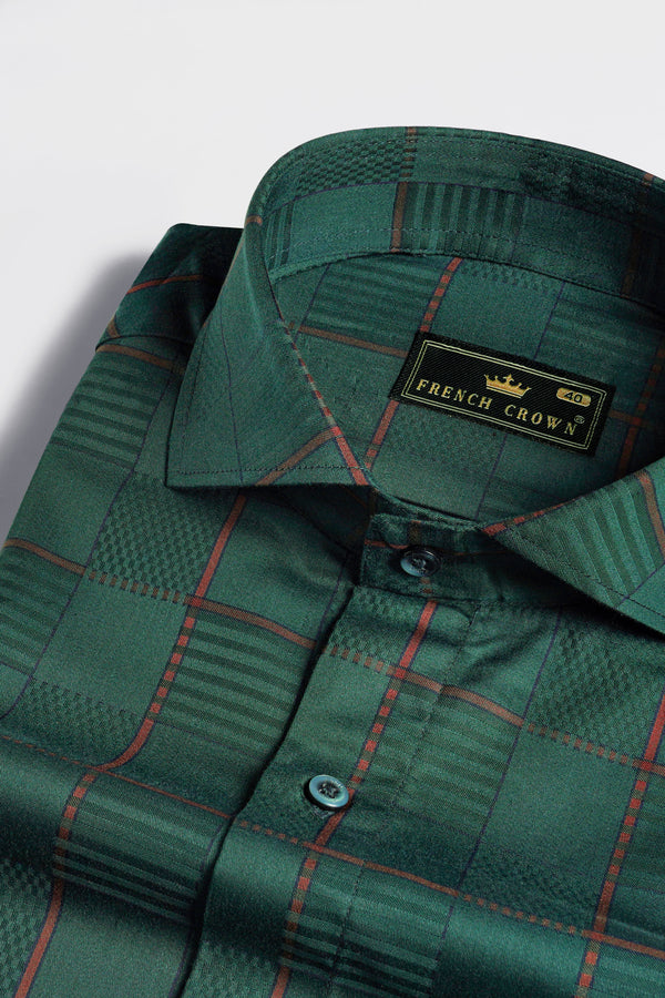 Plantation Green with Nutmeg Brown Windowpane Jacquard Textured Premium Giza Cotton Shirt