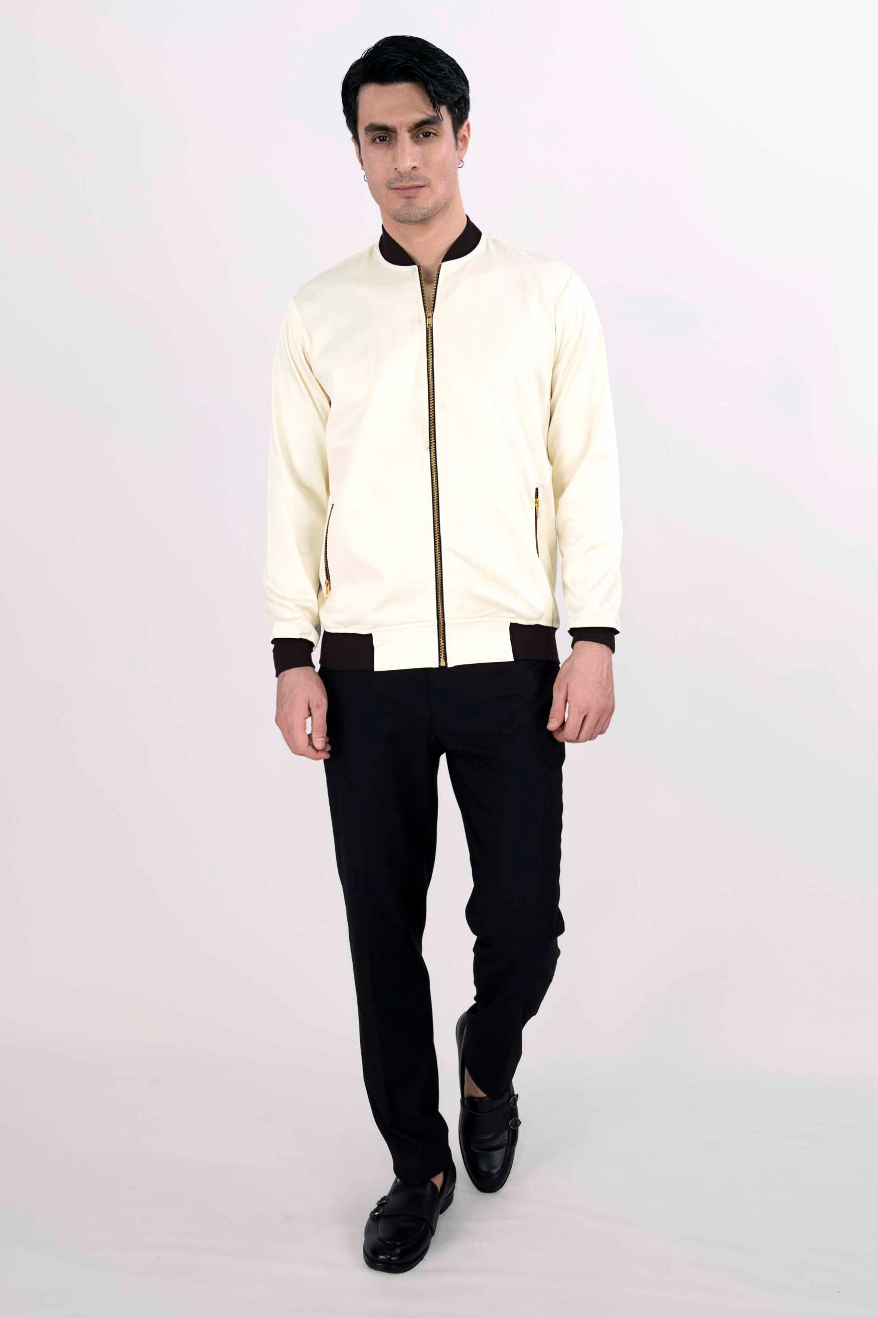 Rum Swizzle Cream with Black Patchwork Twill Premium Cotton Signature Designer Bomber Jacket 10175-BJ-E166-38, 10175-BJ-E166-39, 10175-BJ-E166-40, 10175-BJ-E166-42, 10175-BJ-E166-44, 10175-BJ-E166-46, 10175-BJ-E166-48, 10175-BJ-E166-50, 10175-BJ-E166-52