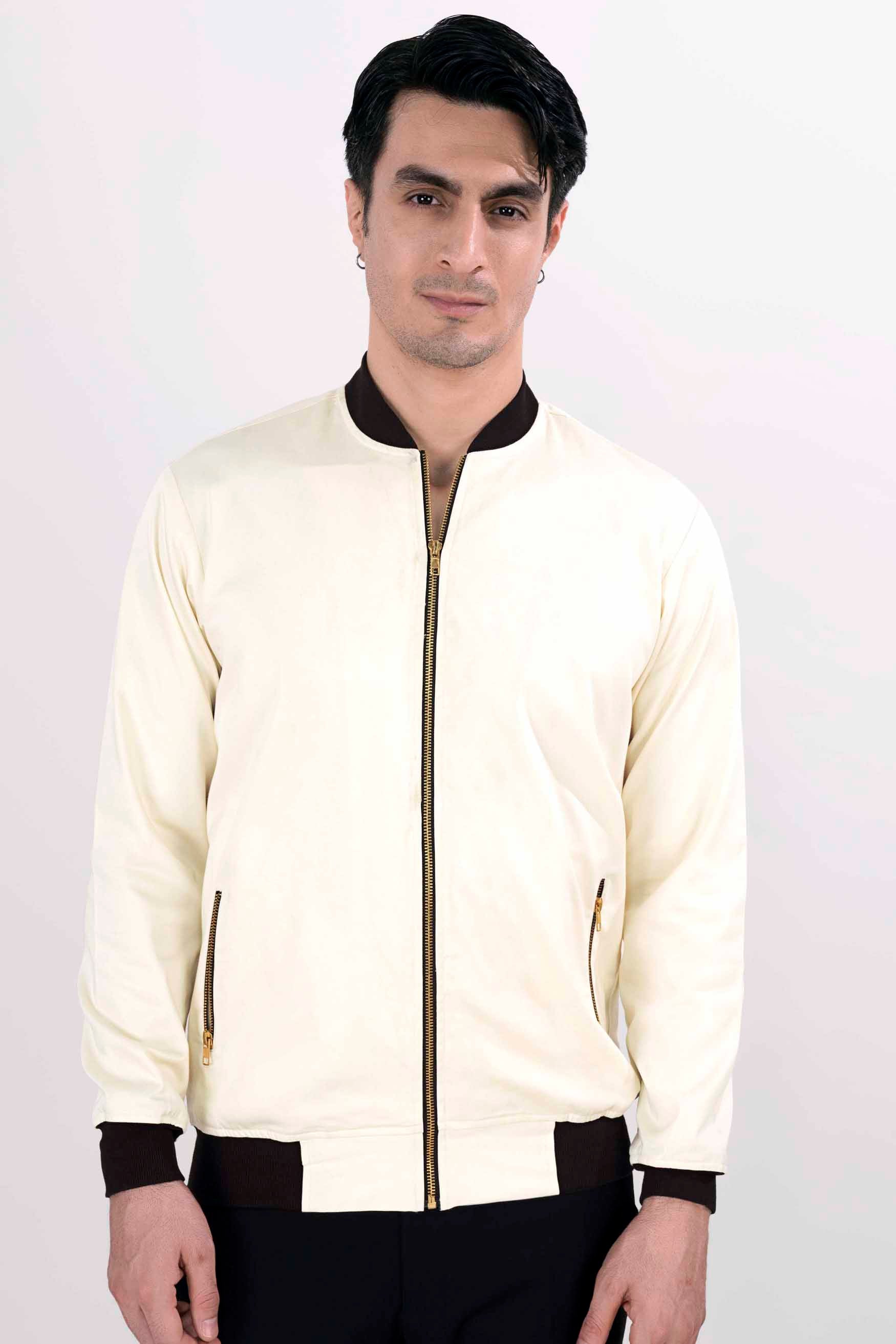 Rum Swizzle Cream with Black Patchwork Twill Premium Cotton Signature Designer Bomber Jacket 10175-BJ-E166-38, 10175-BJ-E166-39, 10175-BJ-E166-40, 10175-BJ-E166-42, 10175-BJ-E166-44, 10175-BJ-E166-46, 10175-BJ-E166-48, 10175-BJ-E166-50, 10175-BJ-E166-52