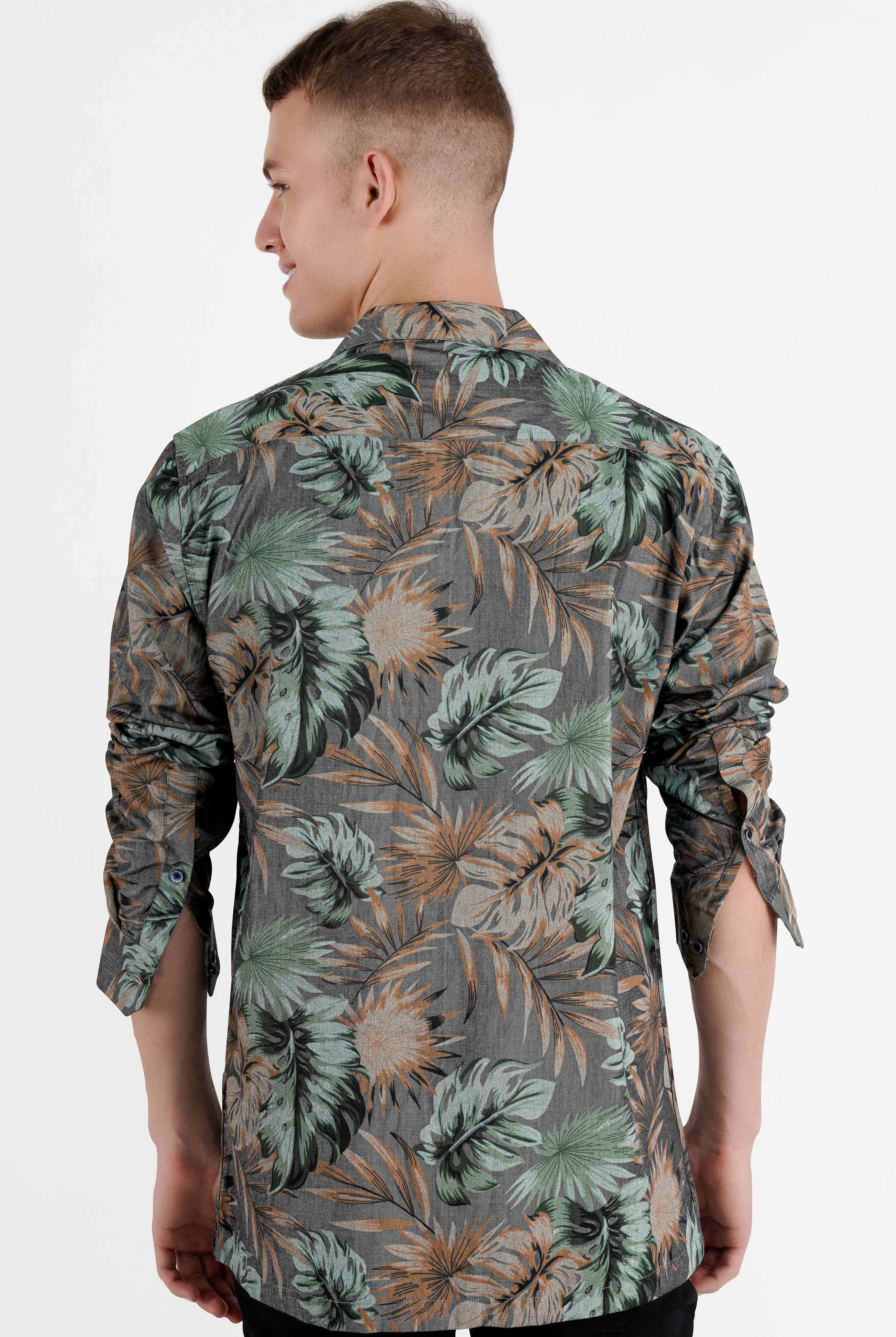 Fuscous Grey with Multi-Coloured Tropical Printed Chambray Designer Shirt