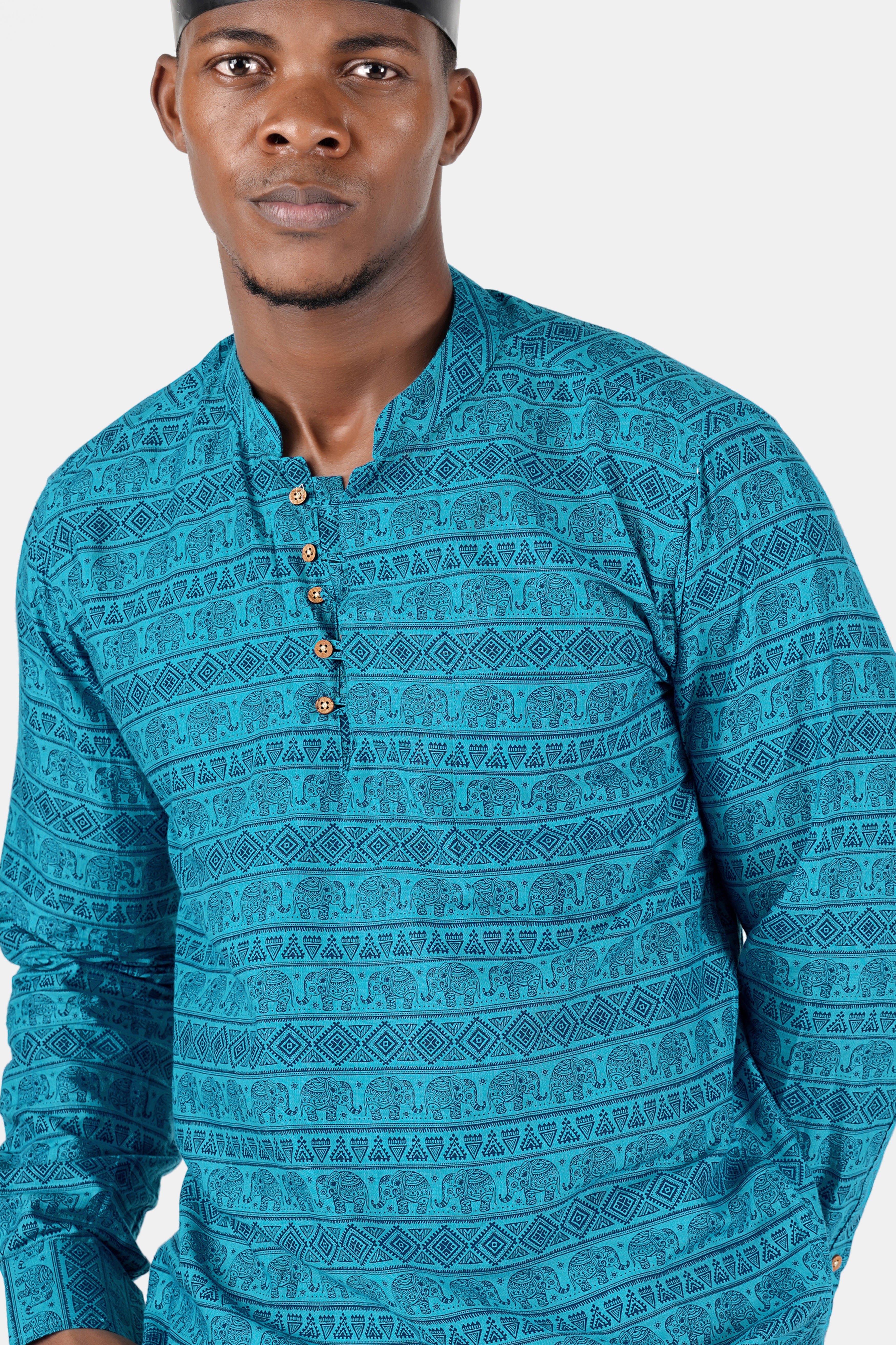 Turquoise Aqua Blue Tribal Printed Luxurious Linen Kurta Shirt