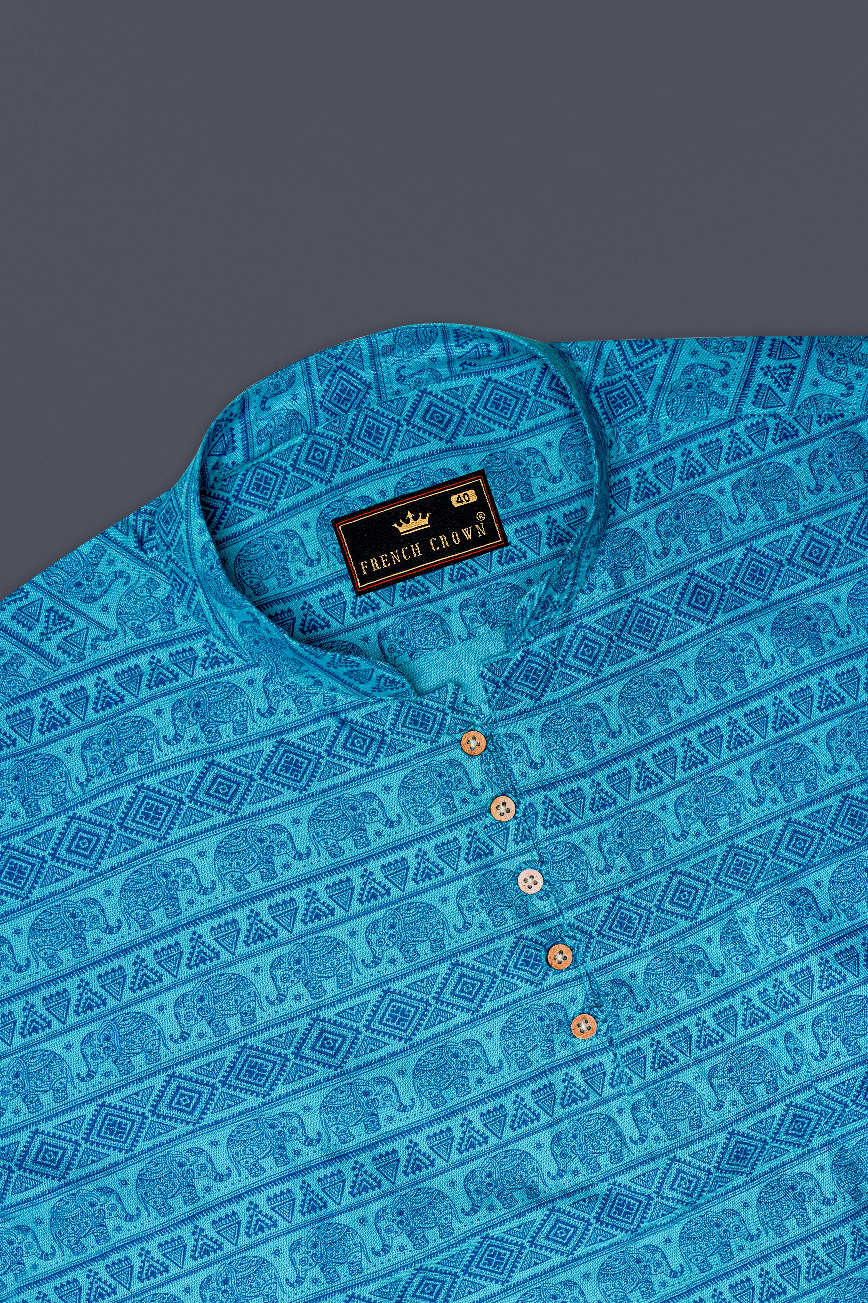 Turquoise Aqua Blue Tribal Printed Luxurious Linen Kurta Shirt