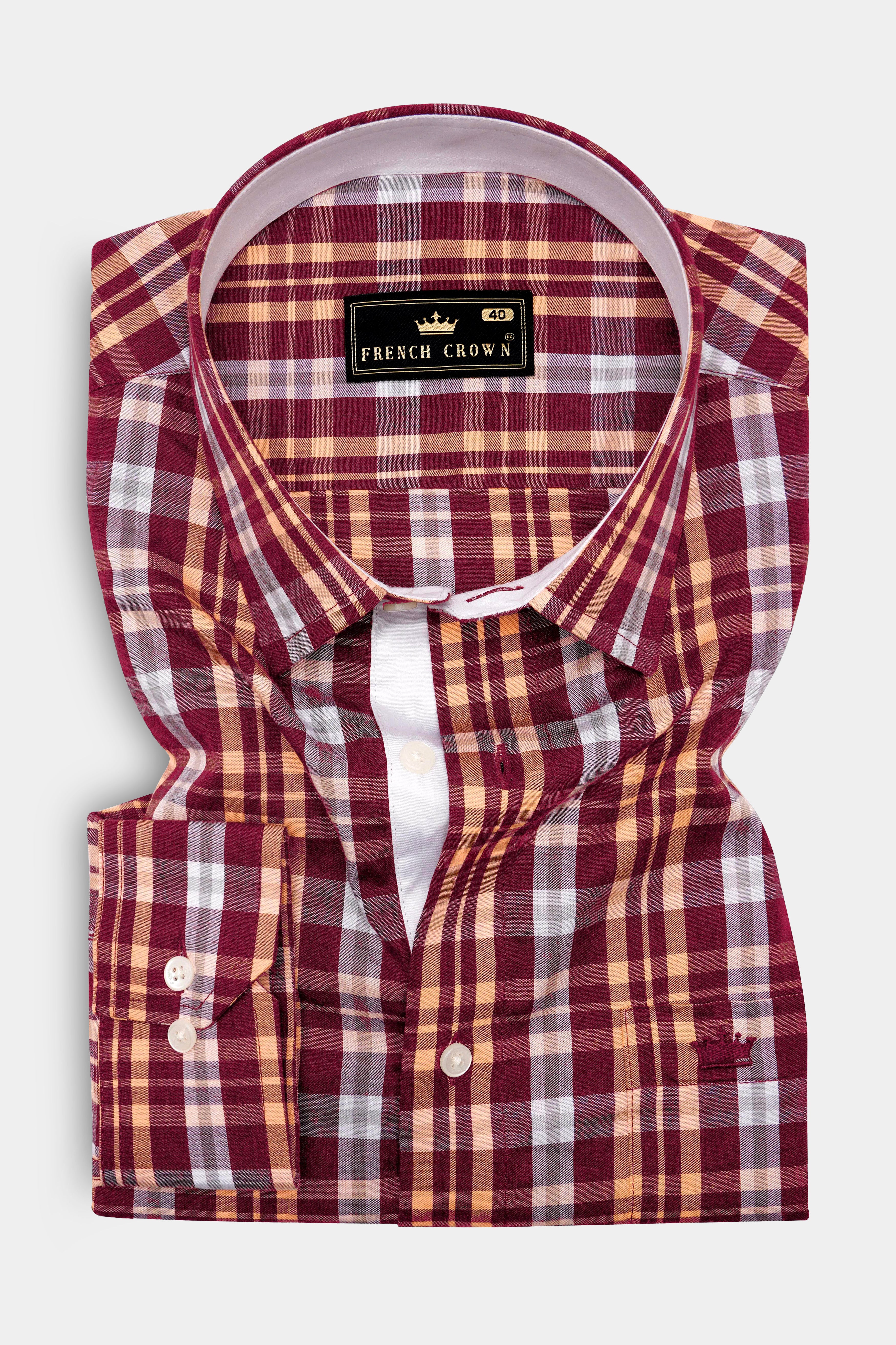 Claret Maroon with Tumbleweed Beige Checkered Premium Cotton Shirt