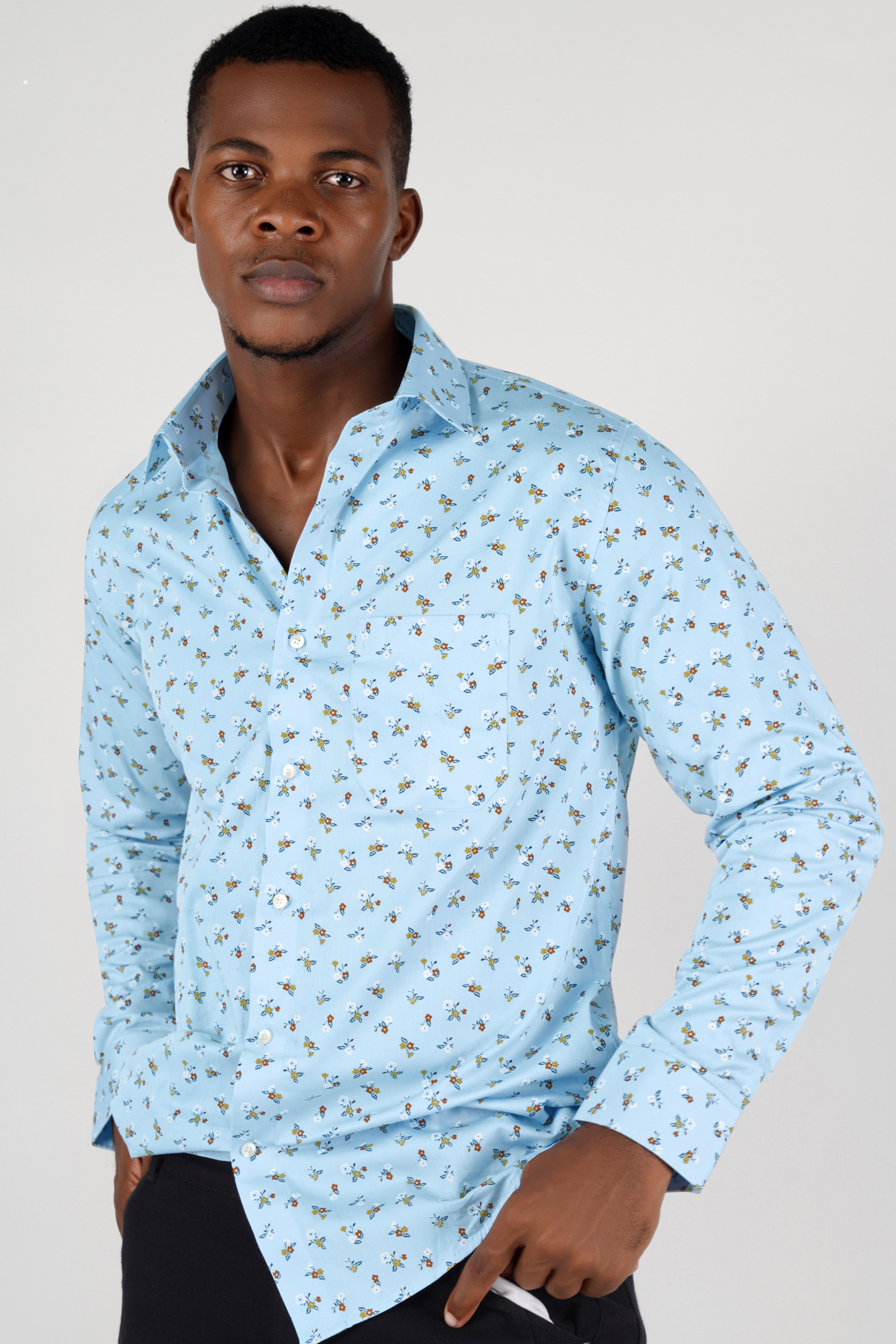 Blizzard Blue Ditsy Printed Twill Premium Cotton Shirt