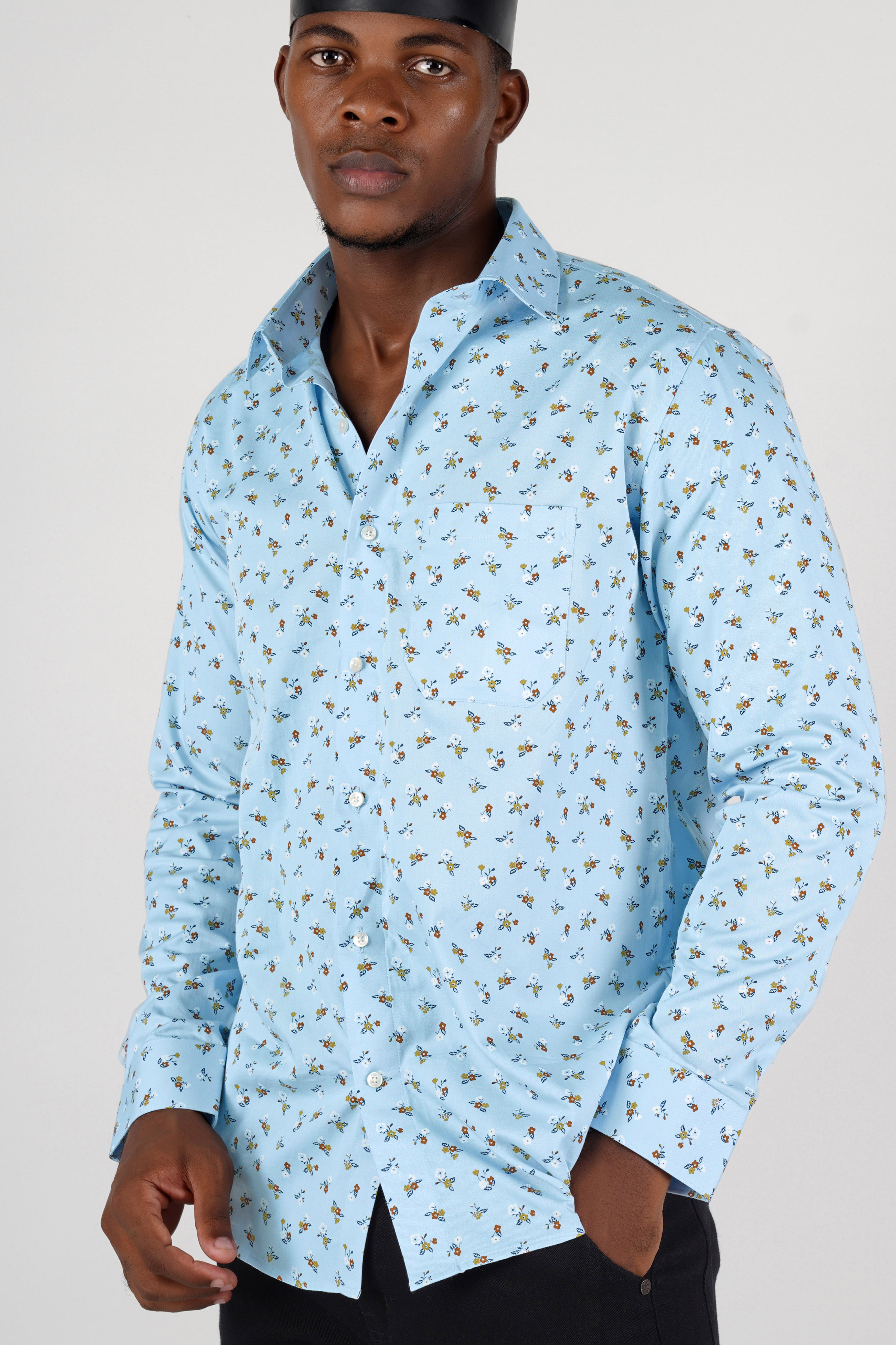 Blizzard Blue Ditsy Printed Twill Premium Cotton Shirt