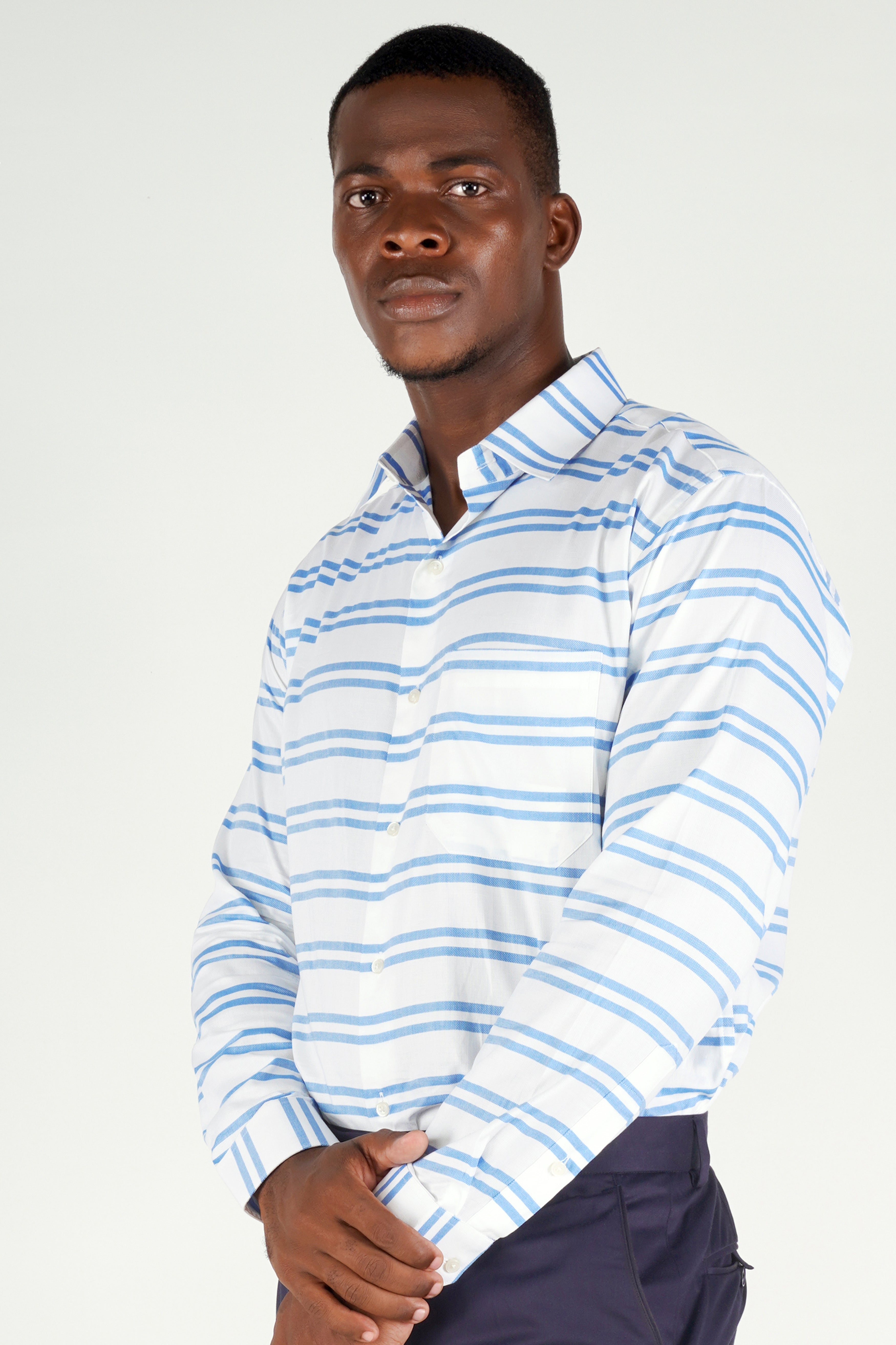 Bright White with Pale Cornflower Blue Striped Dobby Textured Premium Giza Cotton Shirt