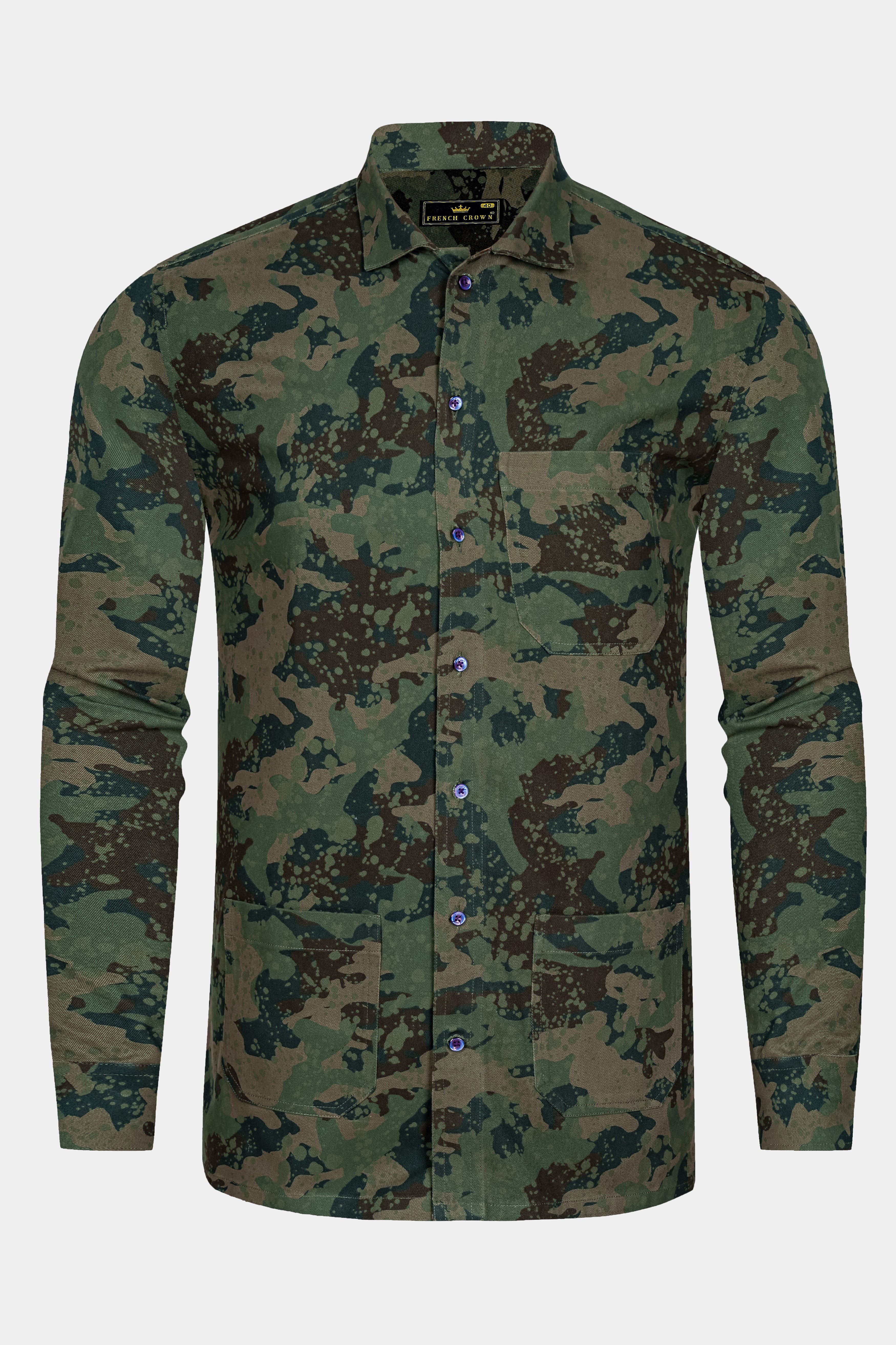 Wenge Brown with Lunar Green Camouflage Twill Premium Cotton Designer Shirt