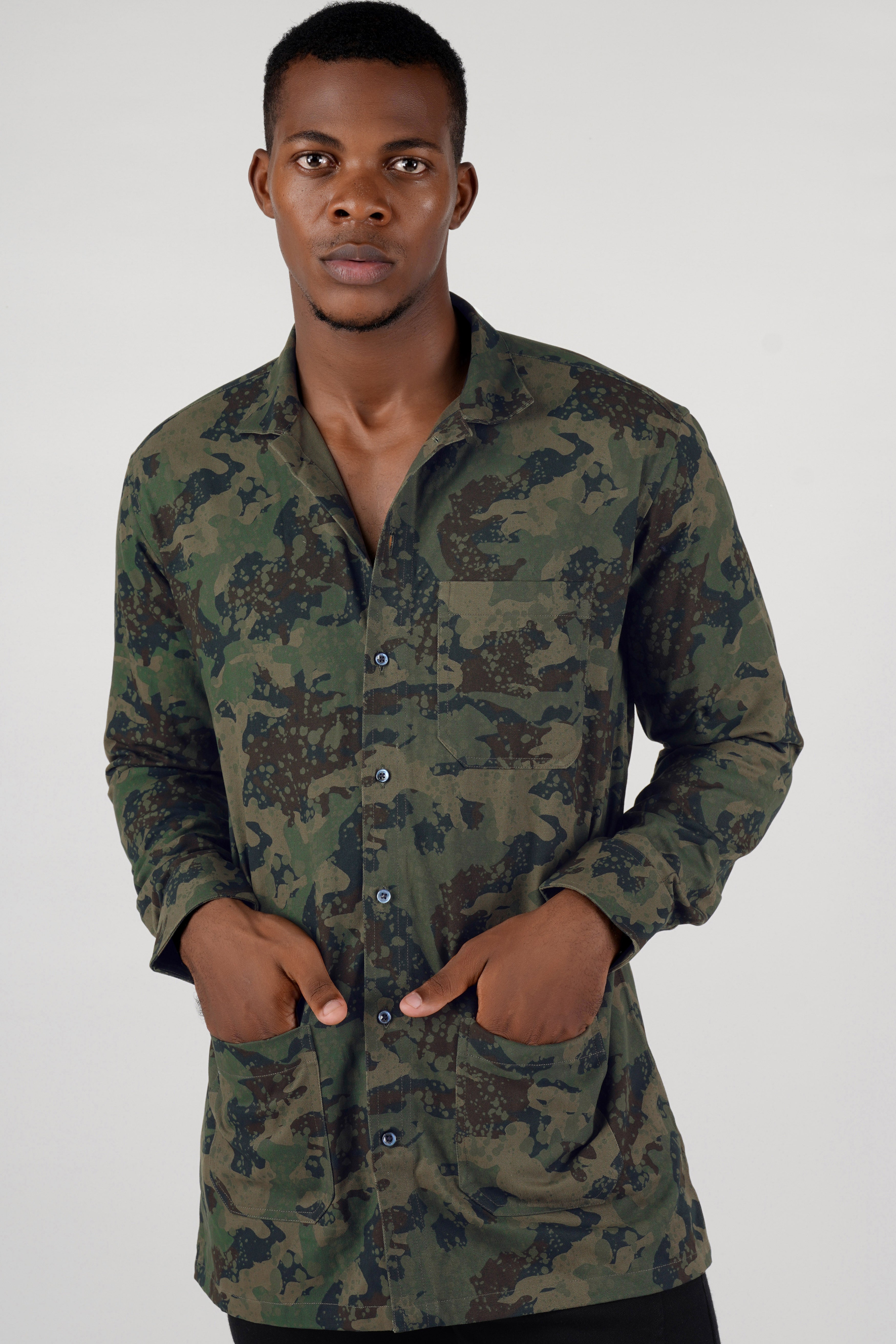 Wenge Brown with Lunar Green Camouflage Twill Premium Cotton Designer Shirt