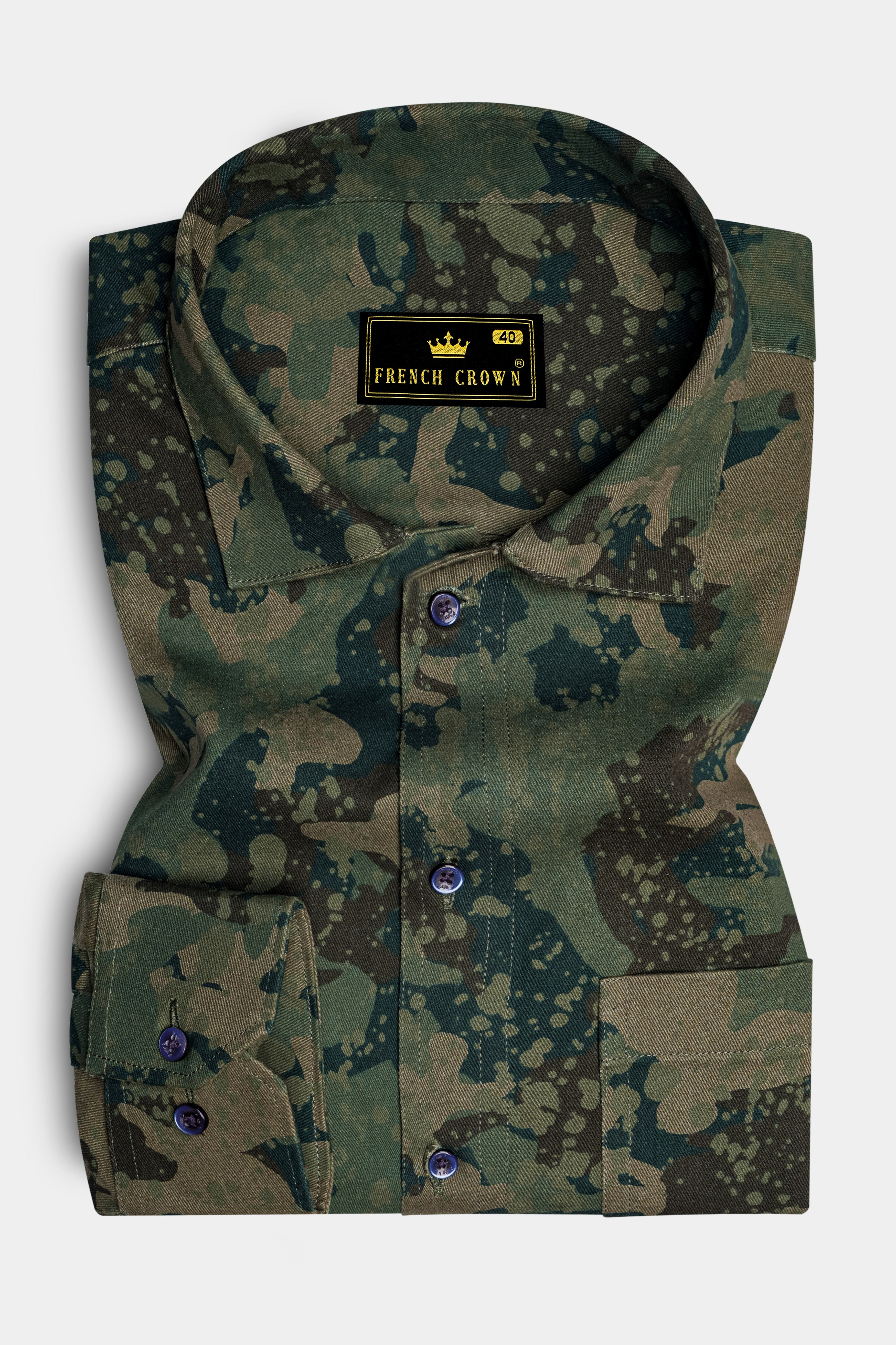 Wenge Brown with Lunar Green Camouflage Twill Premium Cotton Designer Shirt