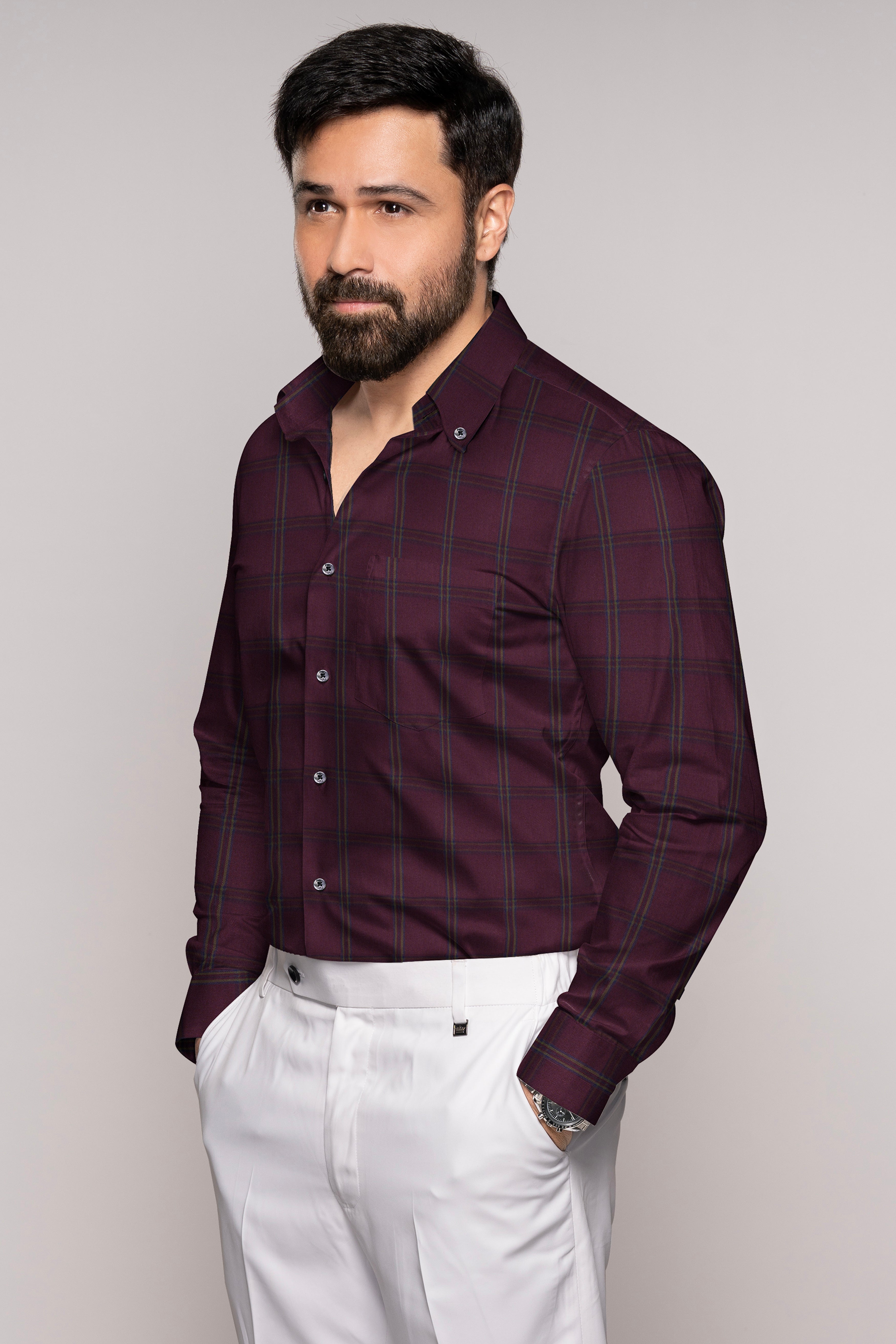 Magenta Maroon Twill Checkered Premium Cotton Shirt