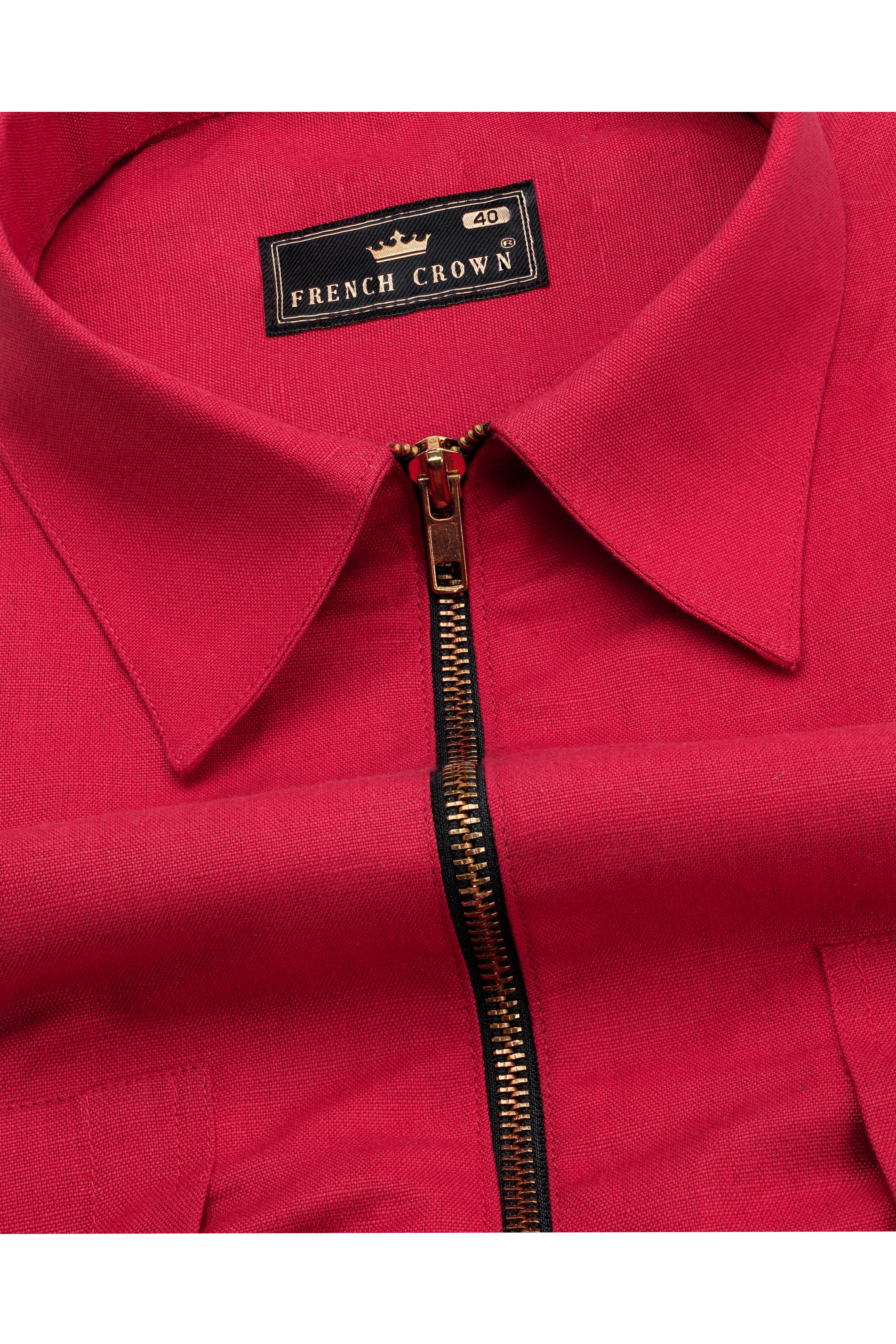 Cardinal Red Linen Textured Premium Cotton Jacket with Metallic Zipper Closer