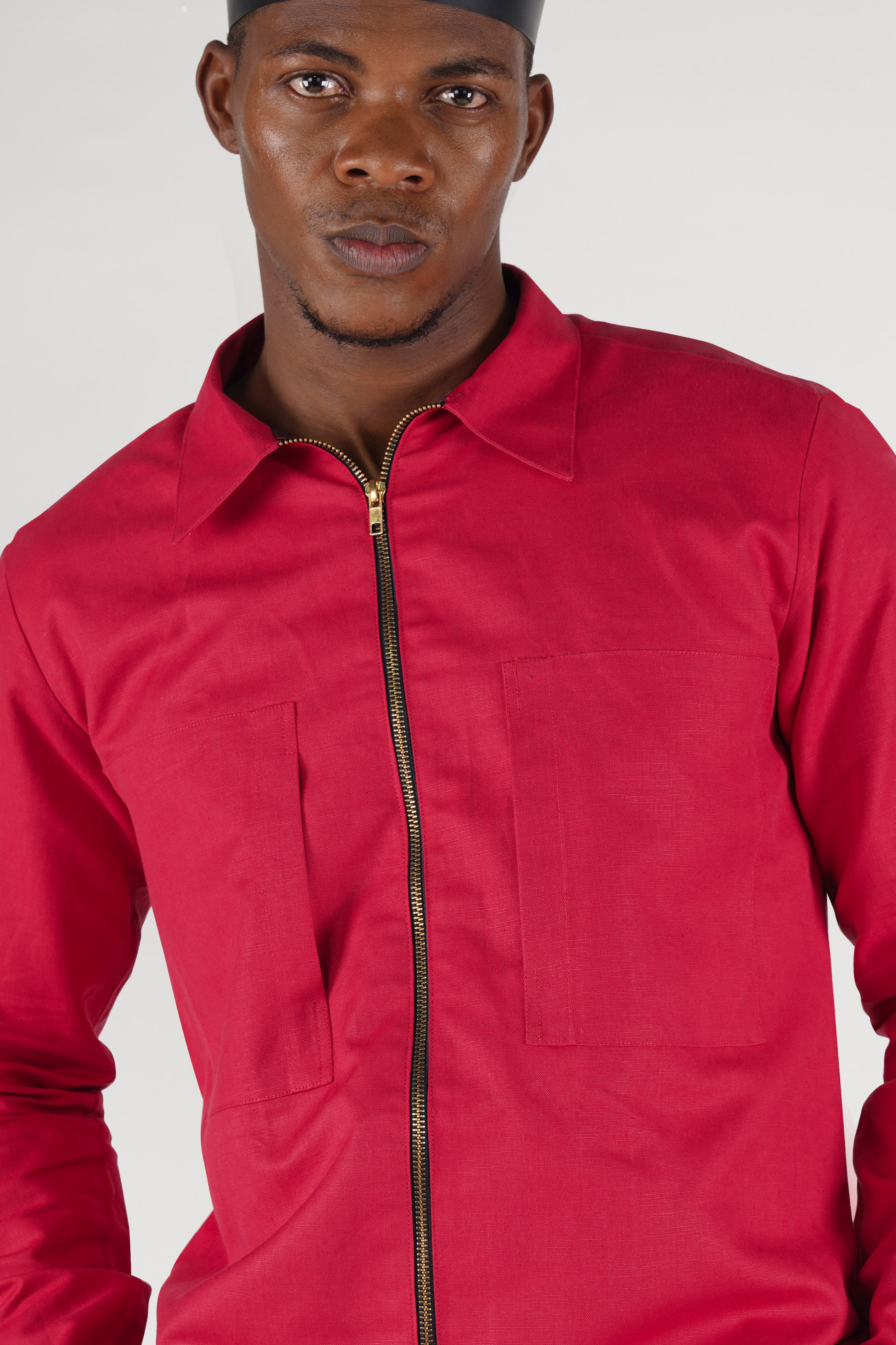 Cardinal Red Linen Textured Premium Cotton Jacket with Metallic Zipper Closer