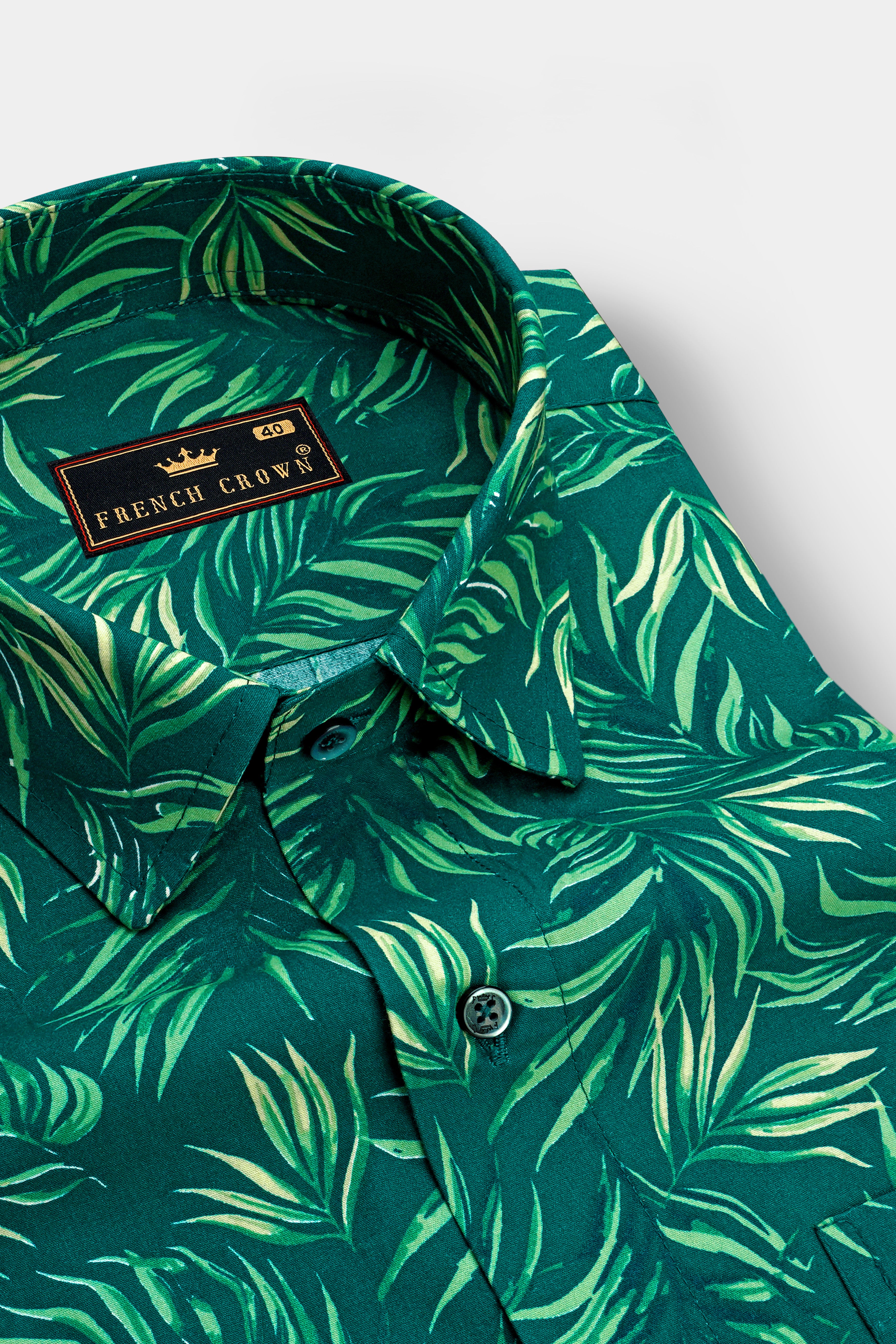 Cyprus Green with Multicolored Leaves Printed Premium Cotton Shirt