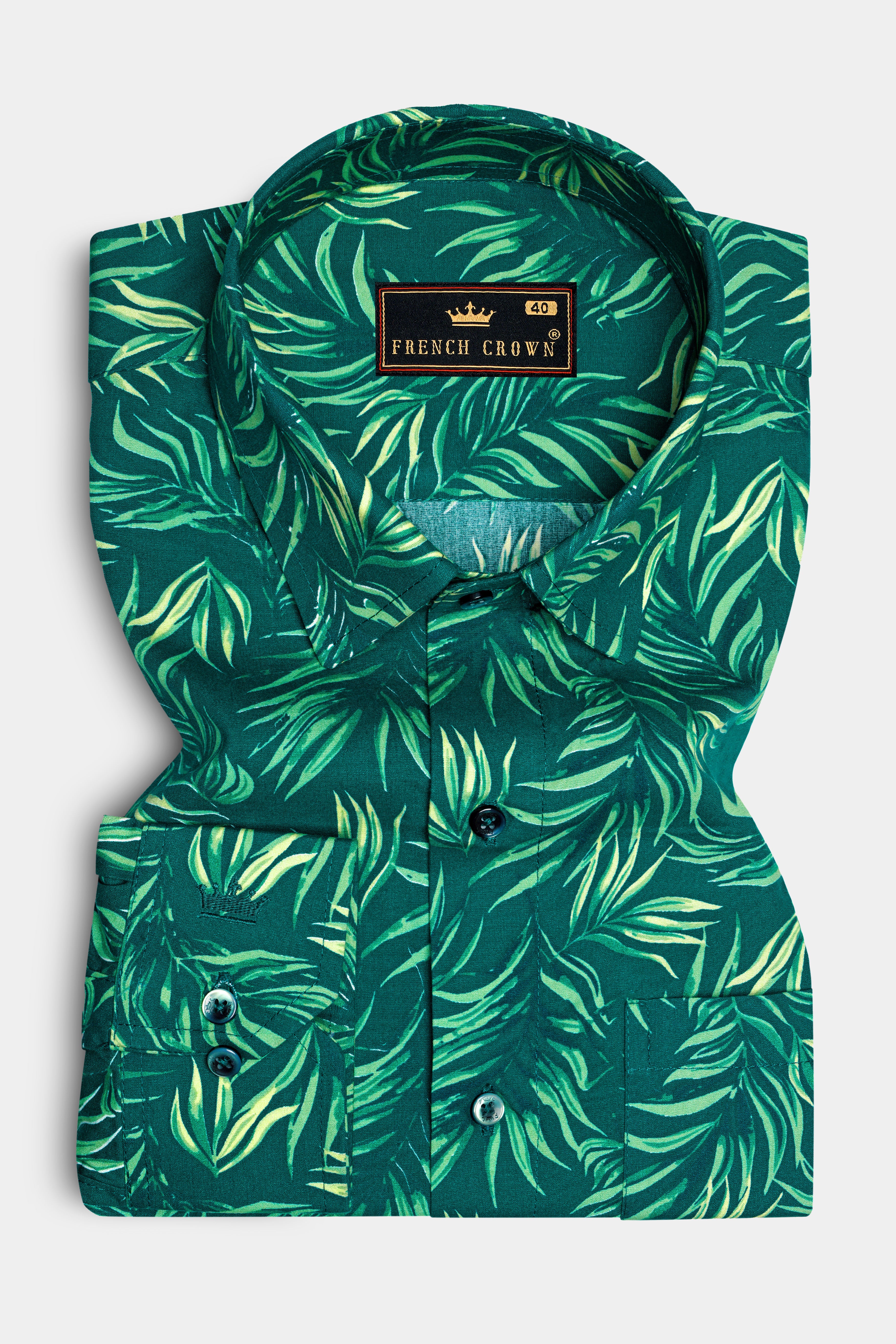 Cyprus Green with Multicolored Leaves Printed Premium Cotton Shirt