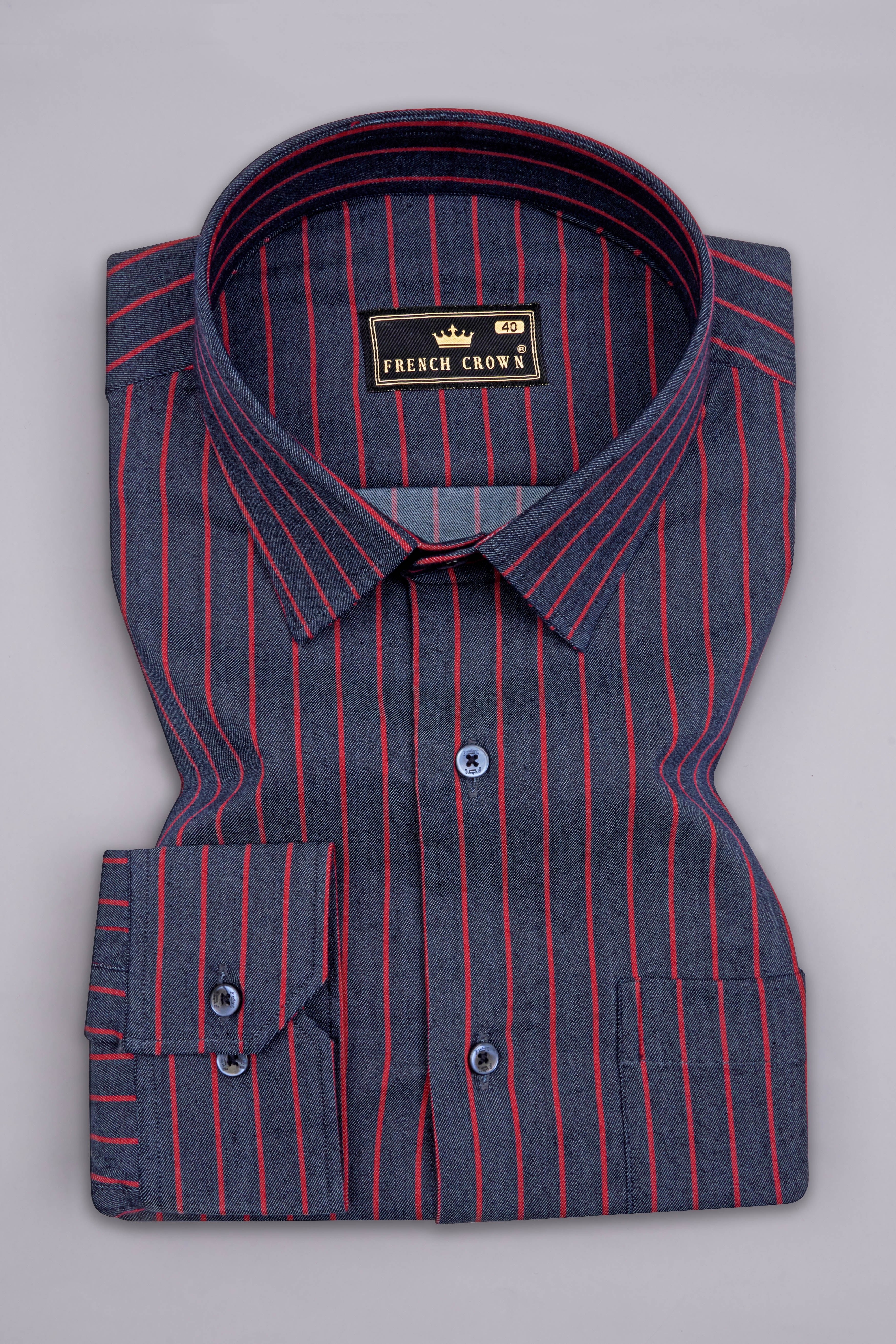 Martinique Navy Blue with Blossom Red Premium Twill Striped Shirt