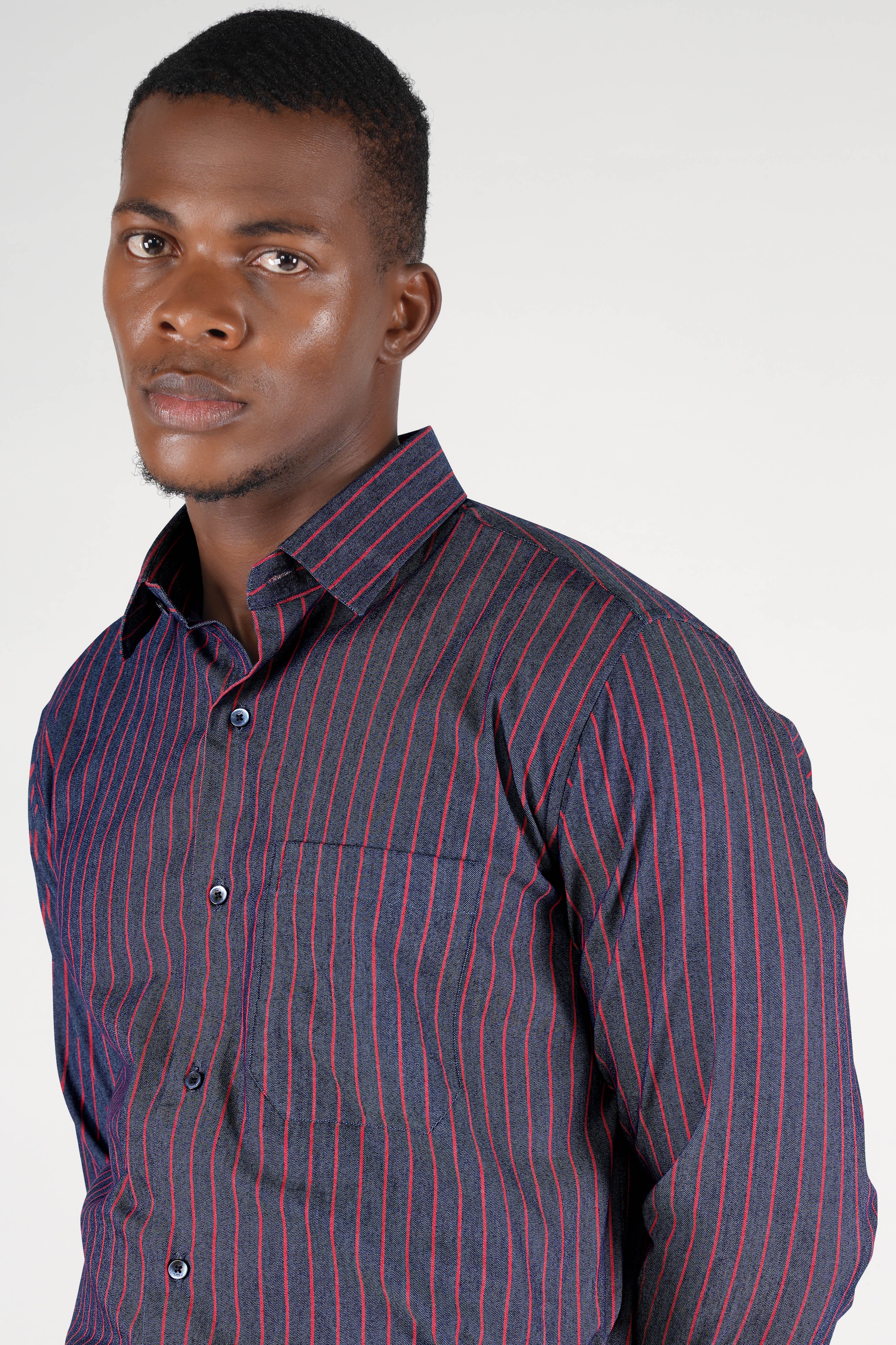 Martinique Navy Blue with Blossom Red Premium Twill Striped Shirt