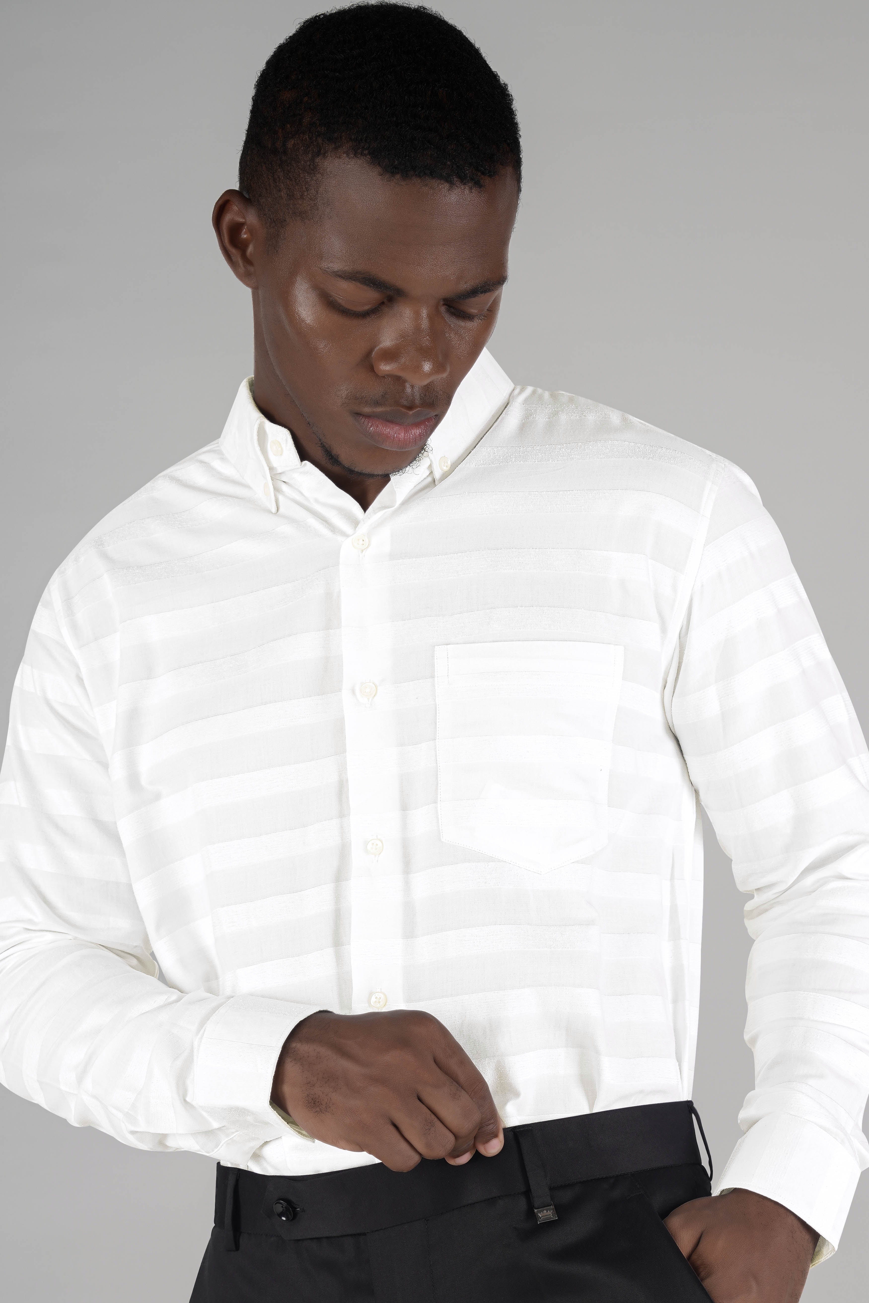 Bright White with Velvet Striped Textured Premium Cotton Shirt