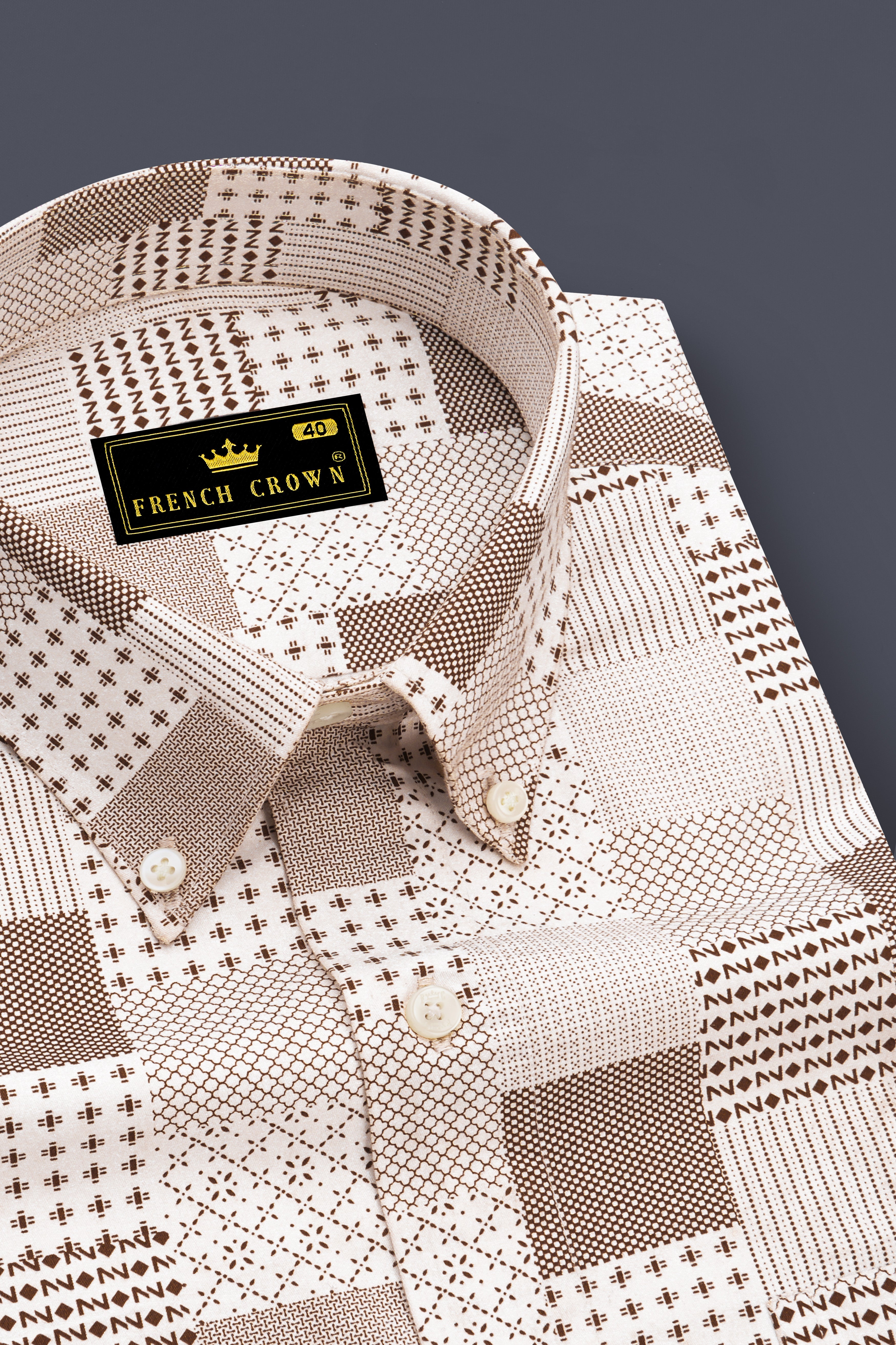 Bright White with Bronzetone Brown Square Printed Super Soft Premium Cotton Shirt