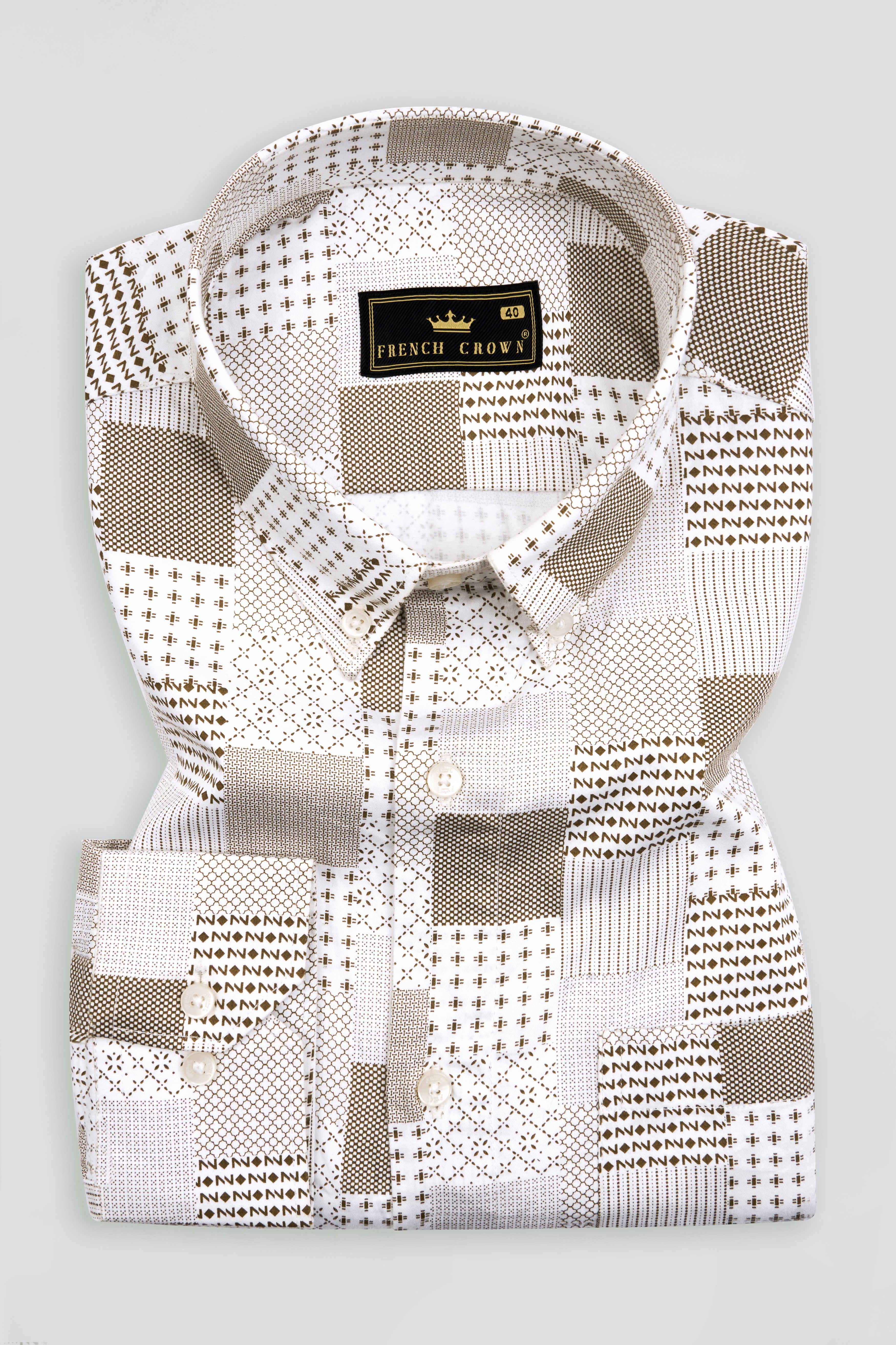Bright White with Bronzetone Brown Square Printed Super Soft Premium Cotton Shirt