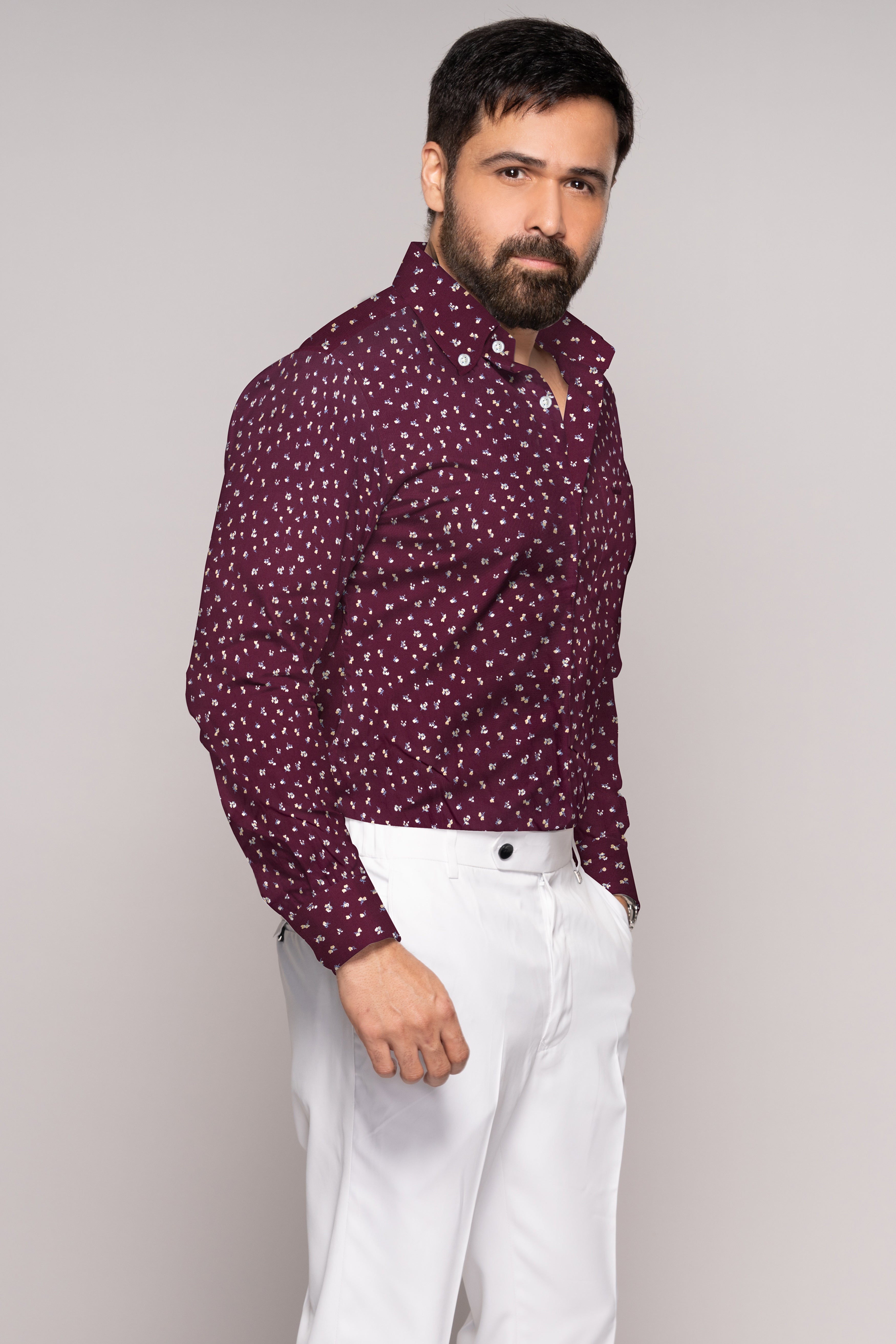 Wine Color with Ditsy Flower Printed Twill Premium Cotton Shirt
