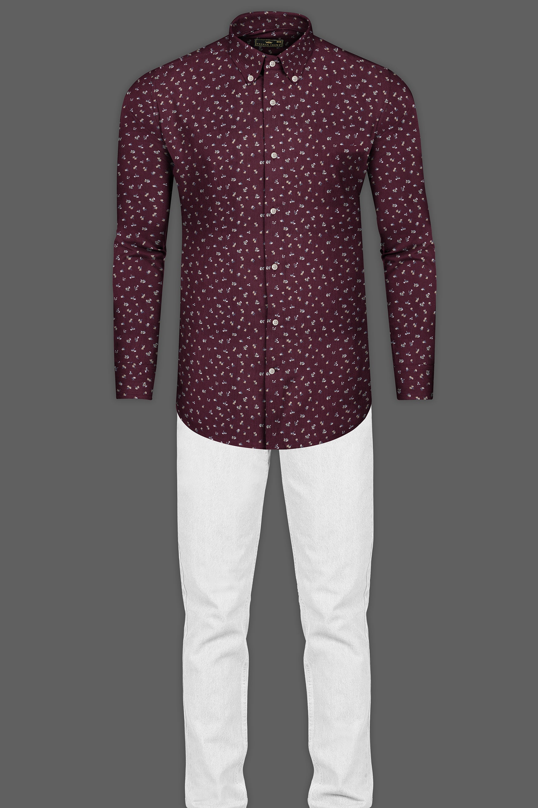 Wine Color with Ditsy Flower Printed Twill Premium Cotton Shirt