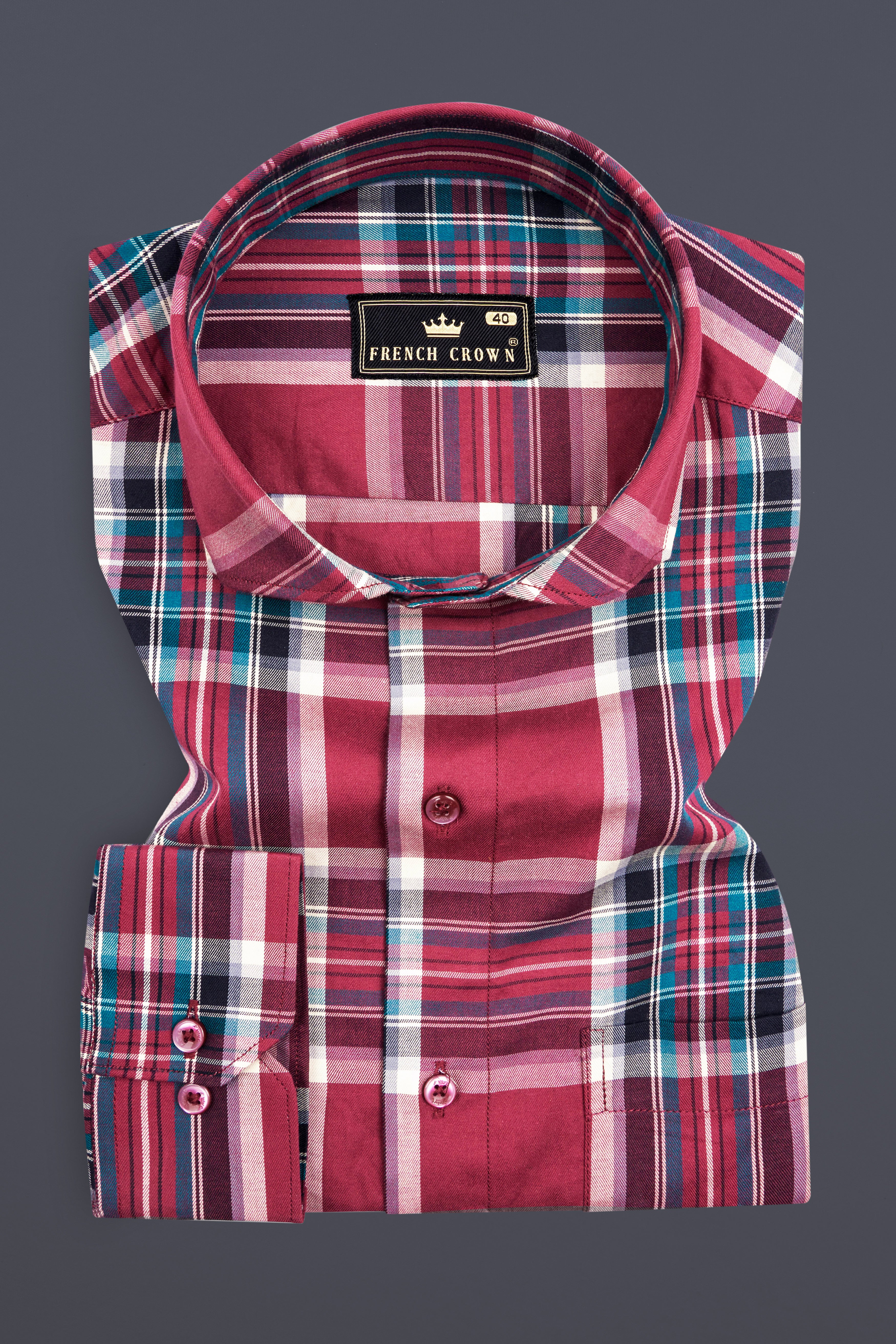 Claret Wine with Multicolored Plaid Twill Premium Cotton Shirt