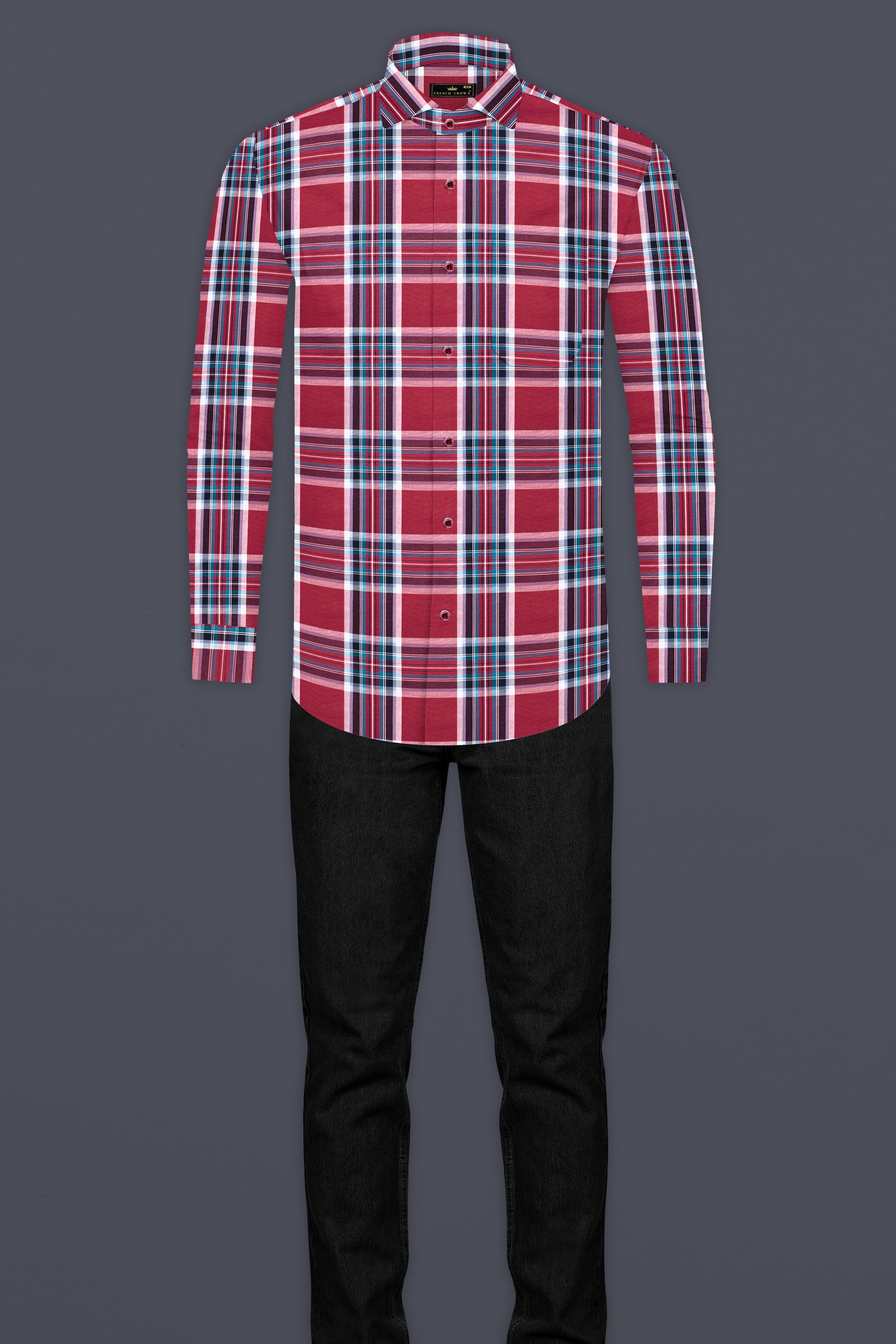 Claret Wine with Multicolored Plaid Twill Premium Cotton Shirt