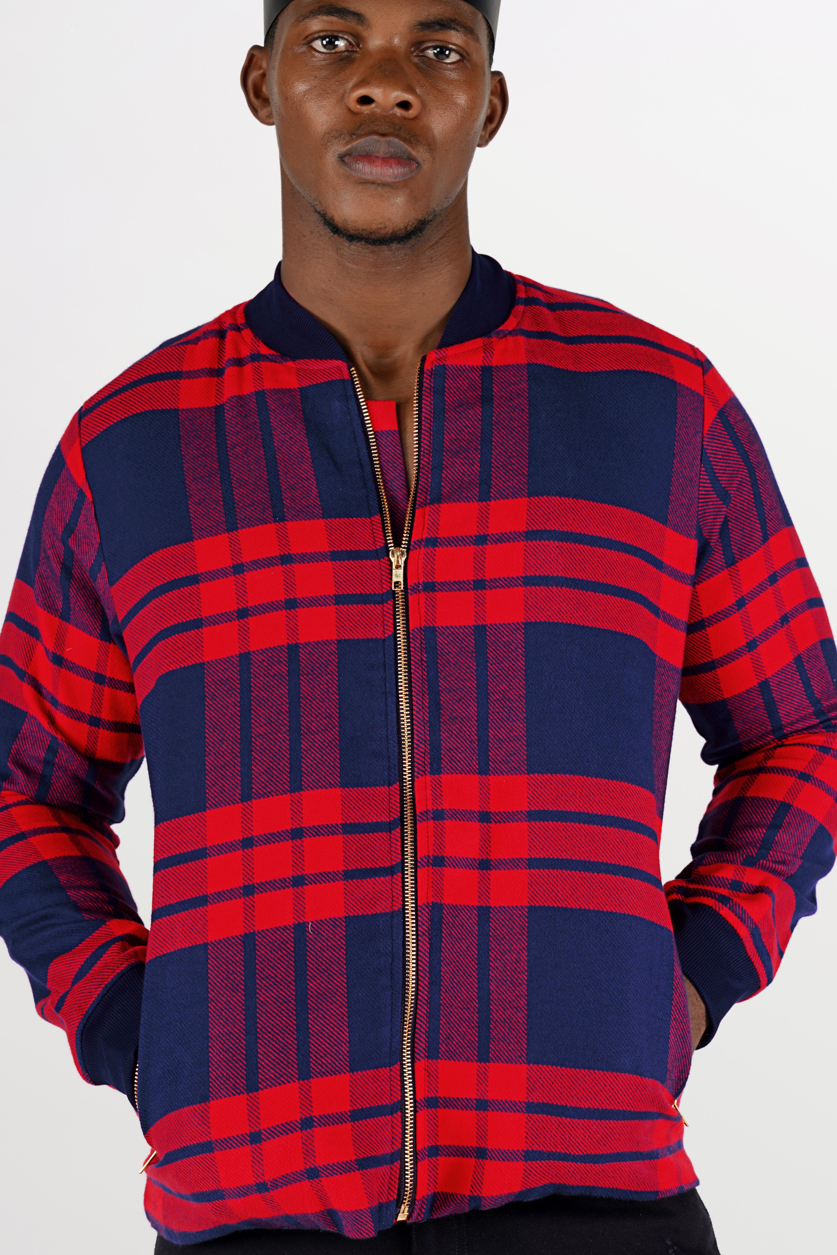 Tuna Blue and Crimson Red Checkered Flannel Bomber Jacket