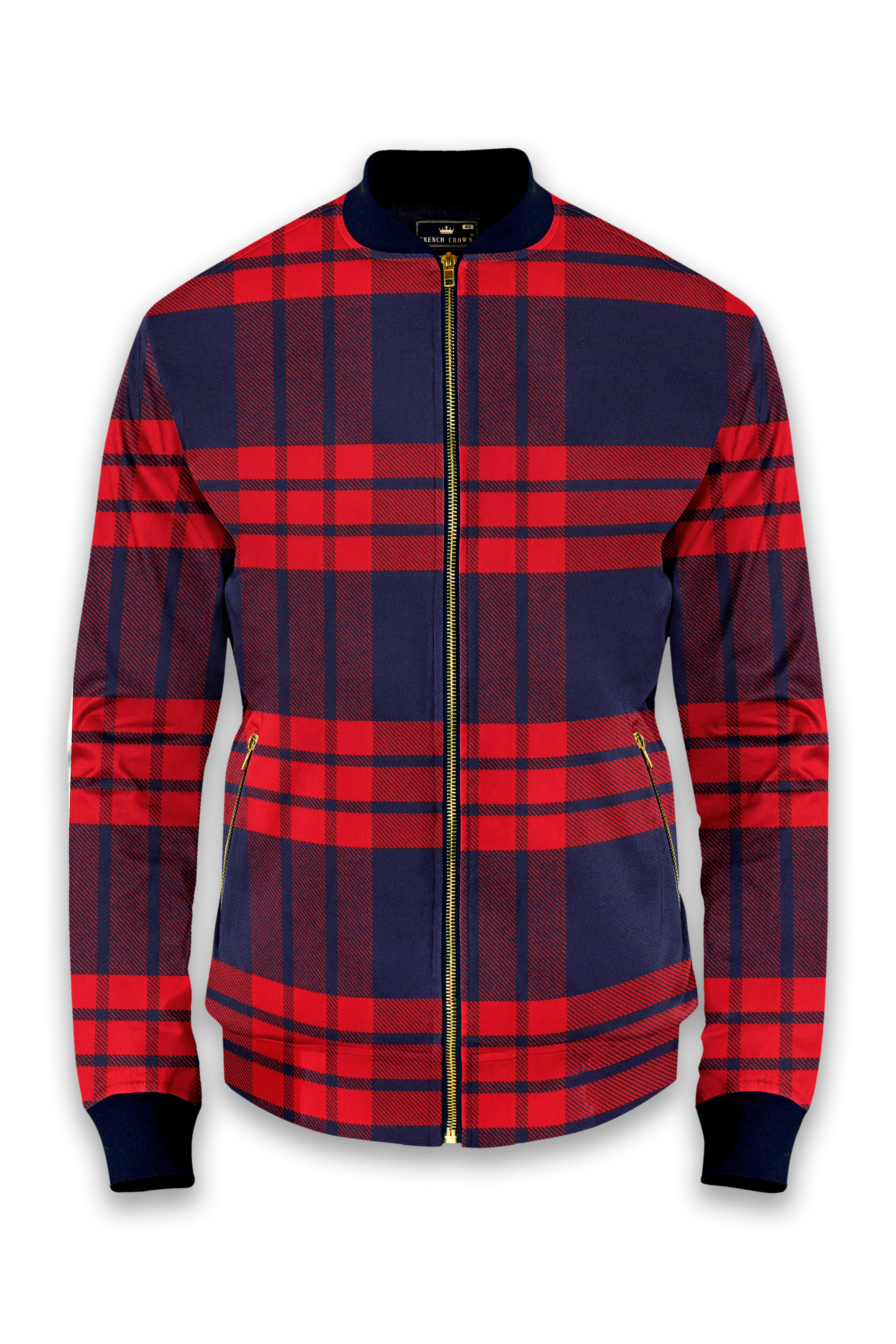 Tuna Blue and Crimson Red Checkered Flannel Bomber Jacket