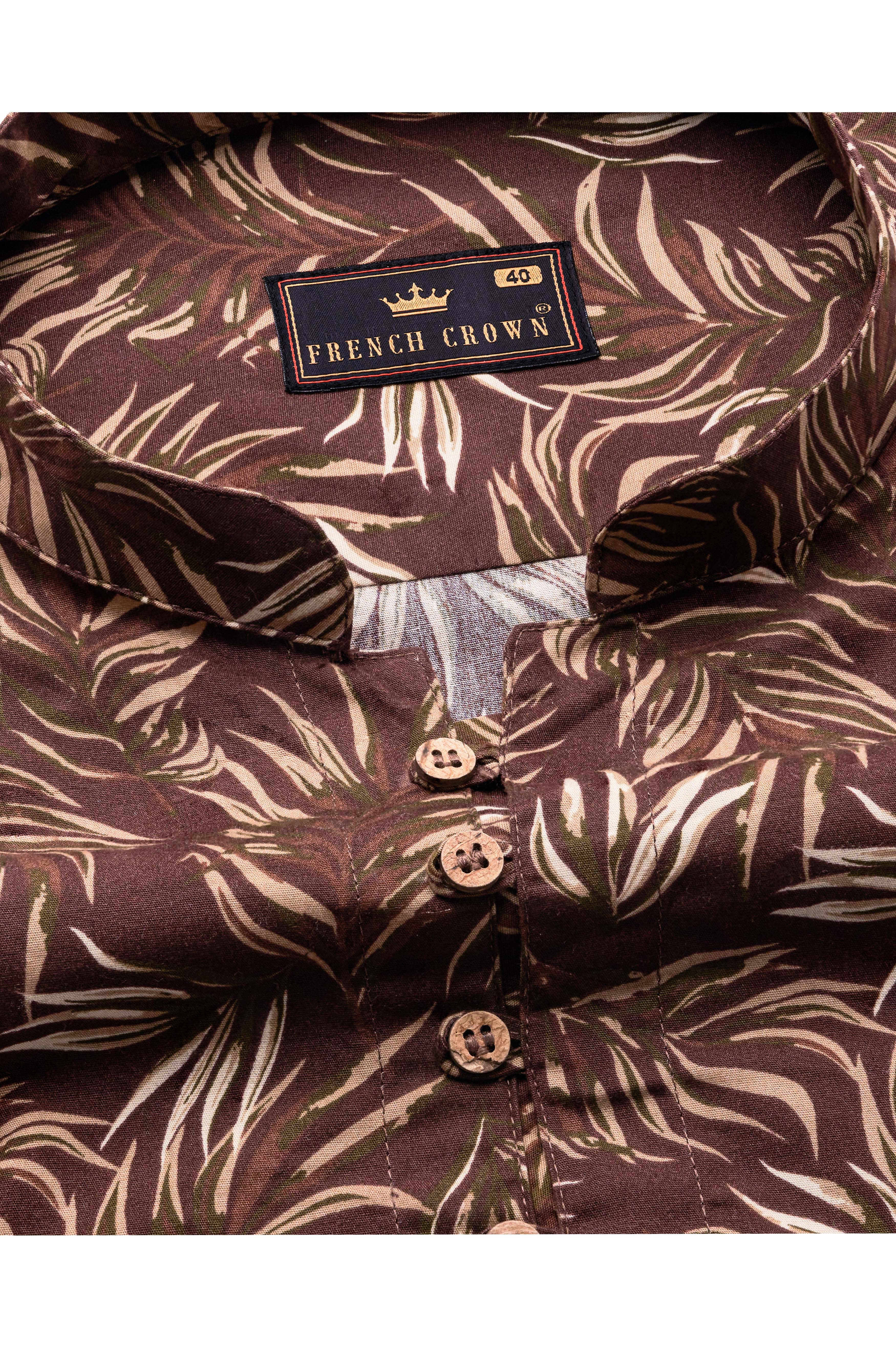 Bistre Brown Leaves Printed Twill Premium Cotton Kurta Shirt