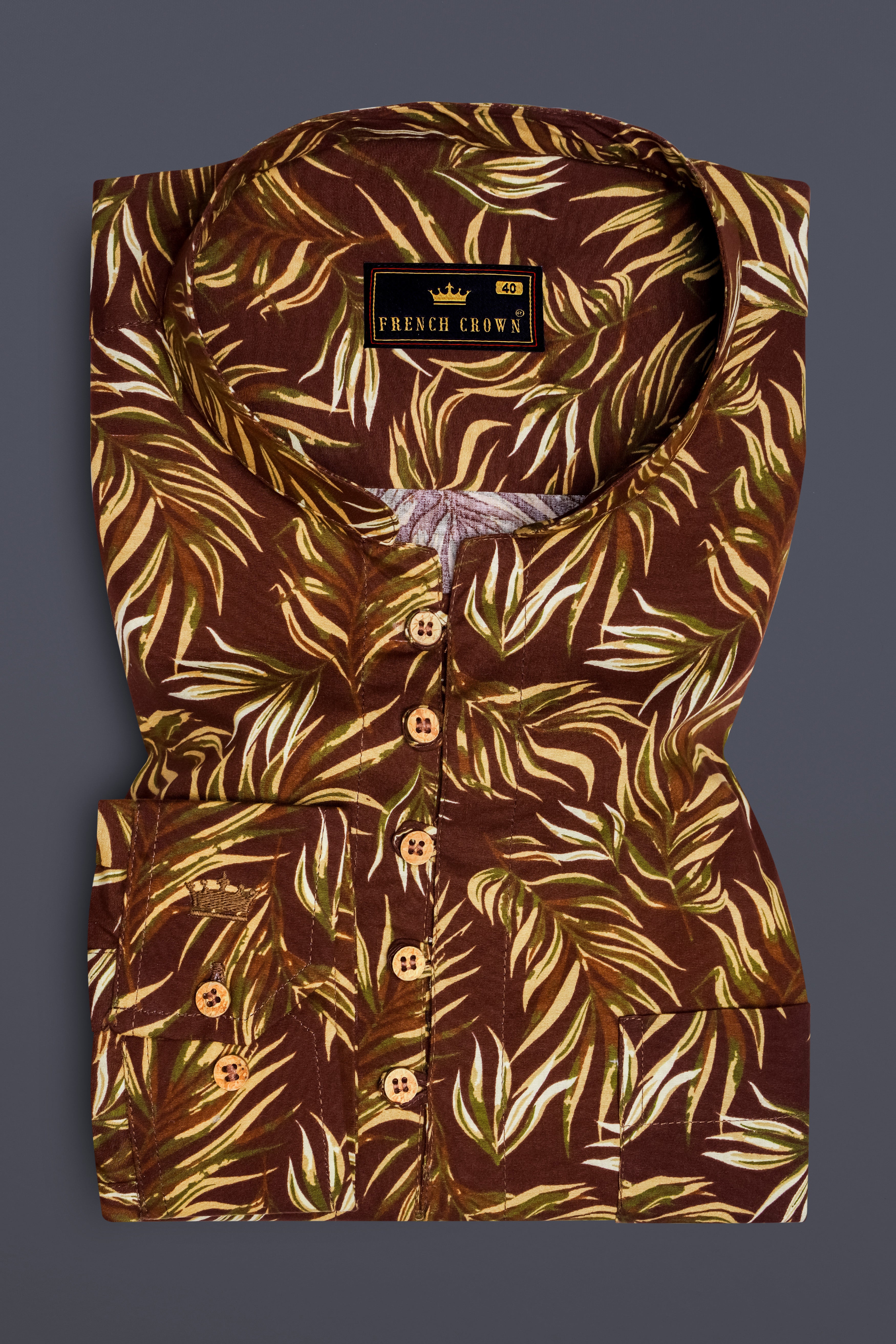 Bistre Brown Leaves Printed Twill Premium Cotton Kurta Shirt