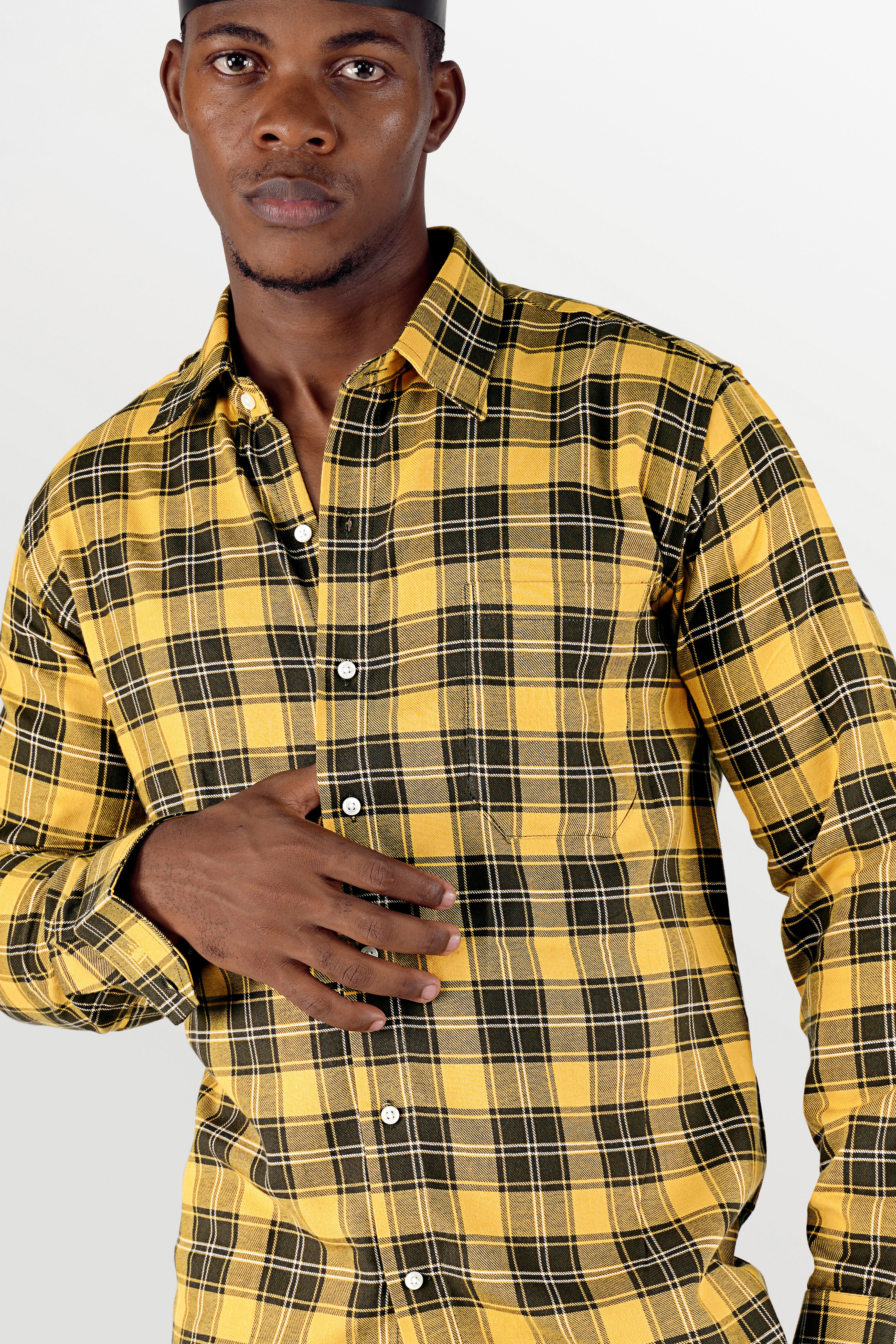 Straw Yellow with Waiouru Green Twill Checkered Premium Cotton Shirt