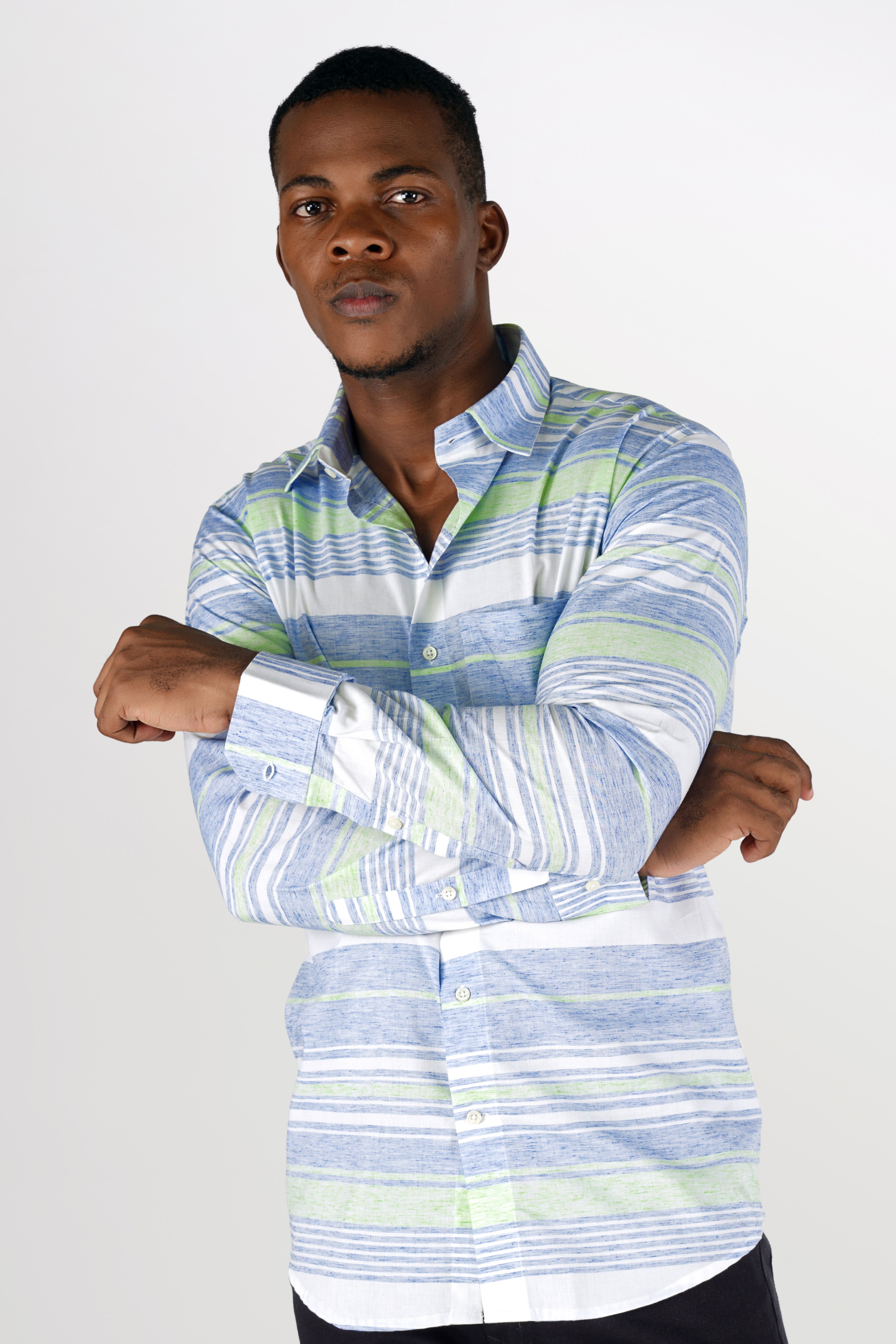 Bright White with Spindle Blue and Coriander Green Striped Premium Cotton Shirt