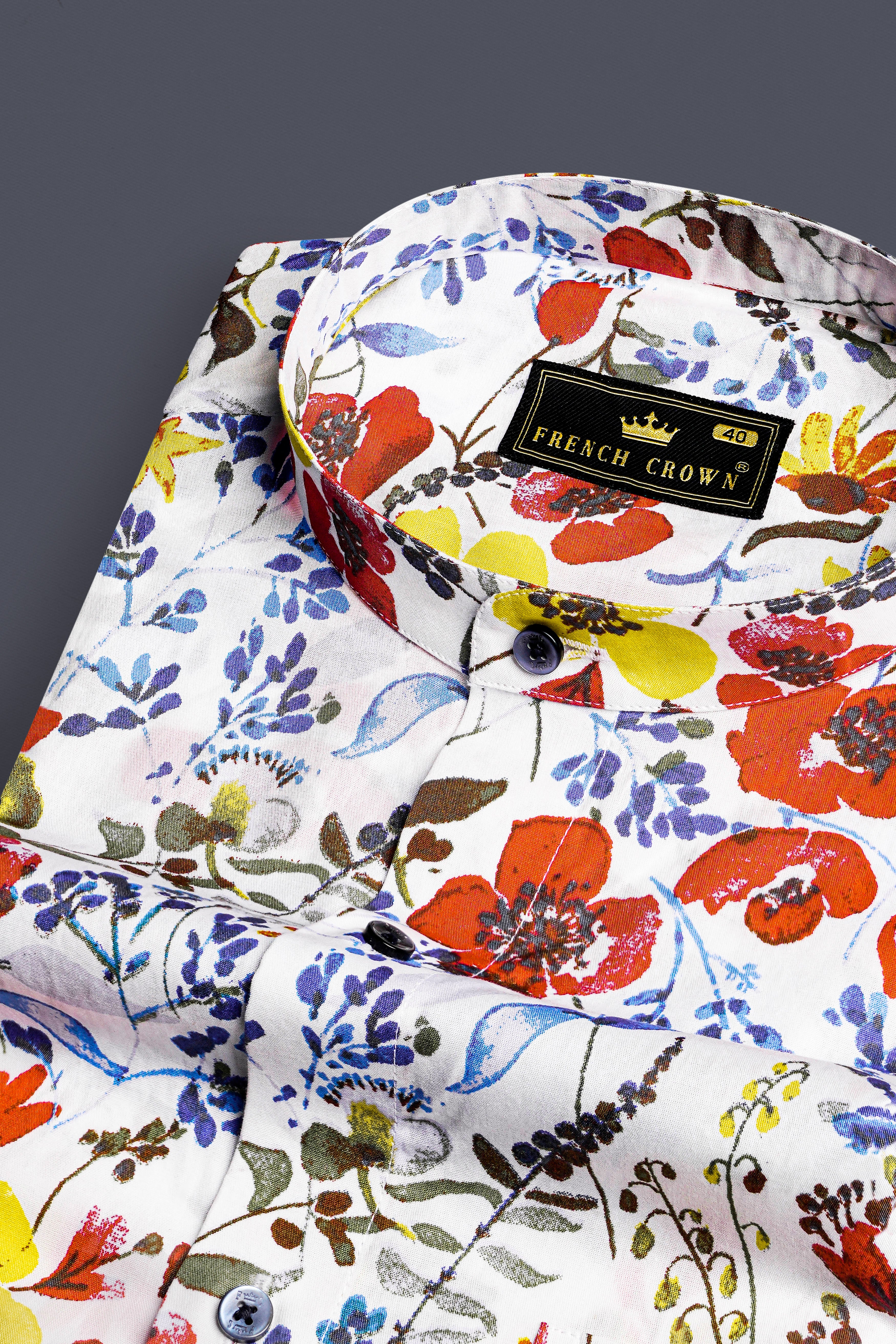 Bright White Multicolour Flower Printed Premium Cotton Shirt