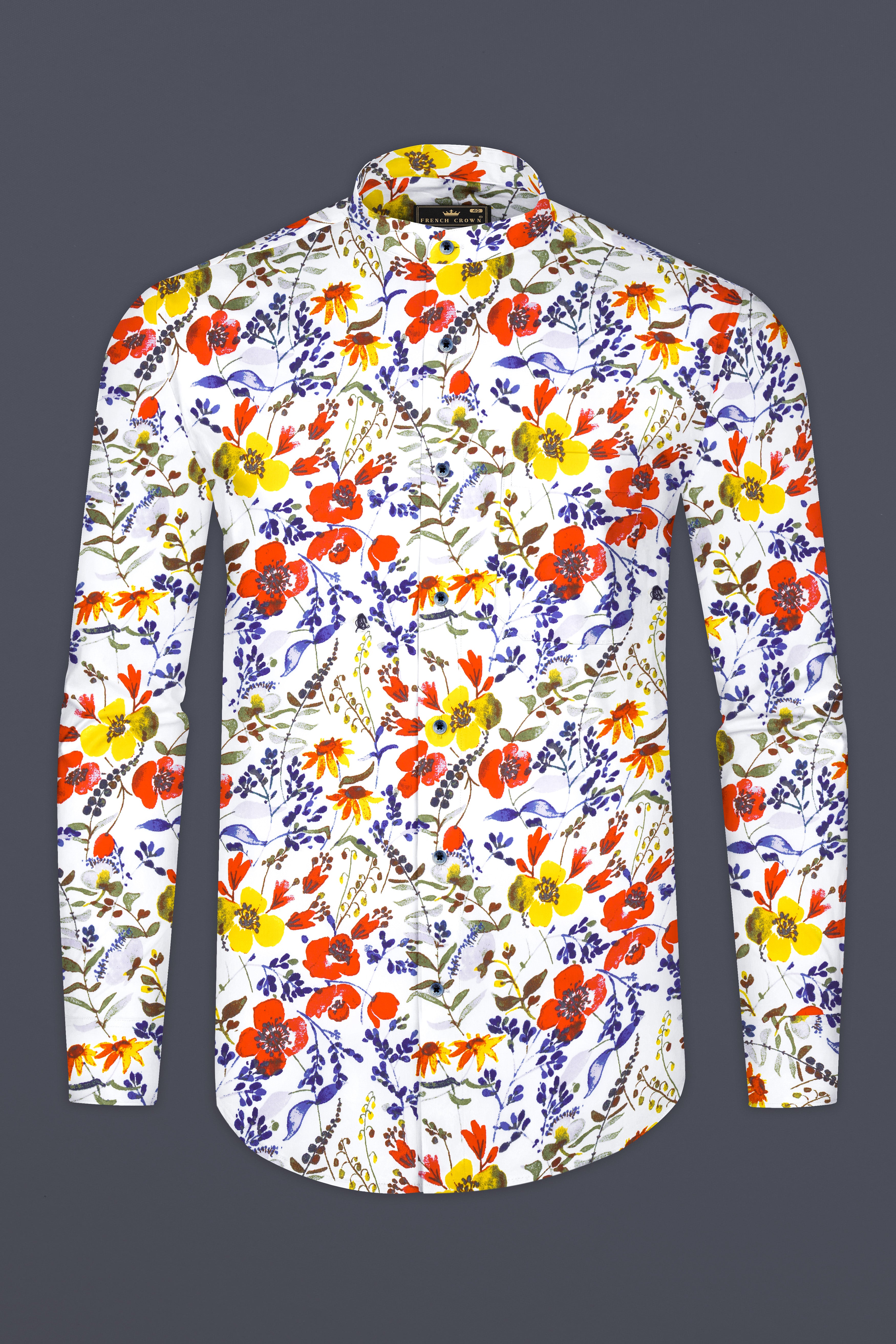 Bright White Multicolour Flower Printed Premium Cotton Shirt