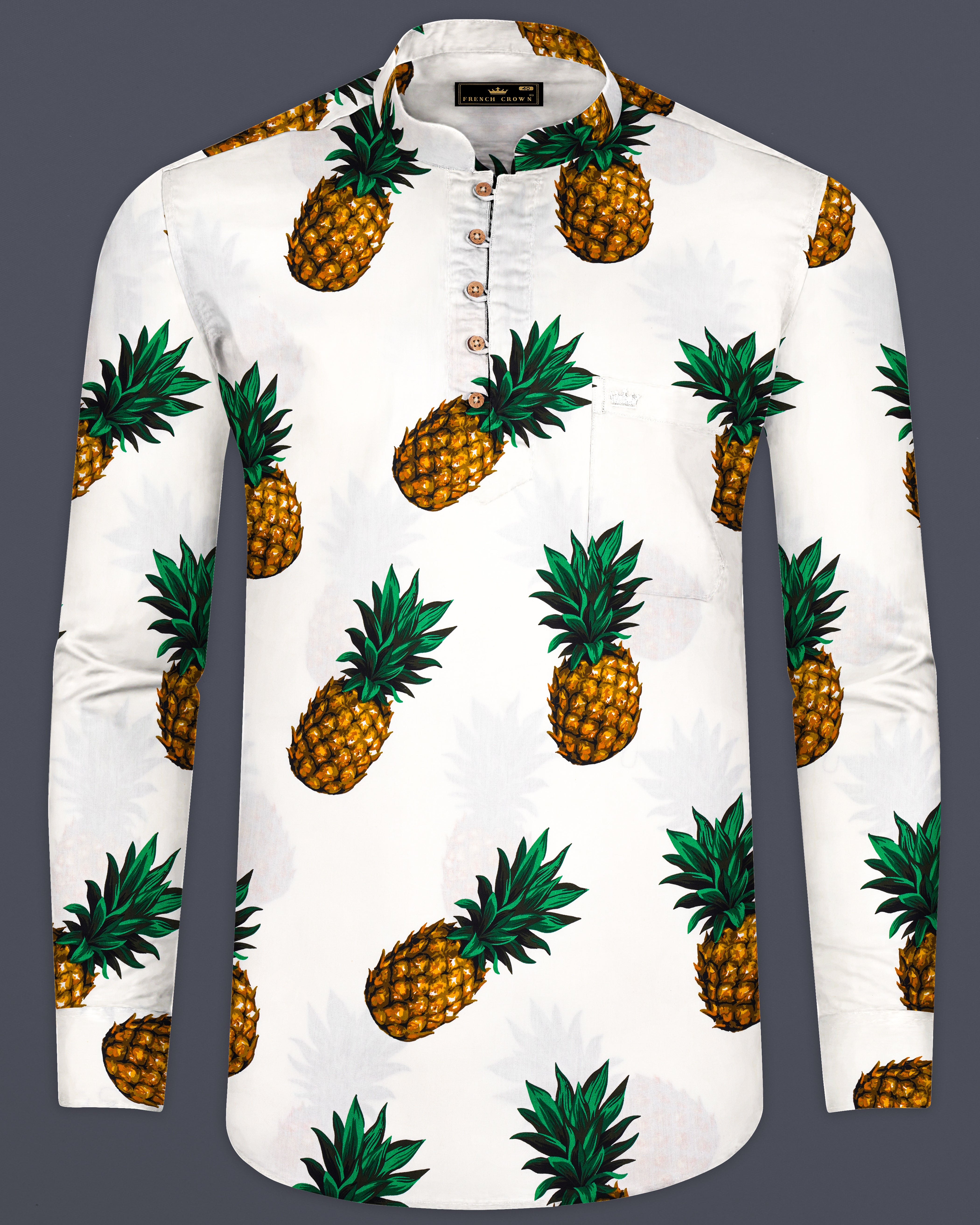 Off White Pineapple PrintsPremium Cotton Indian Kurta Style Shirt