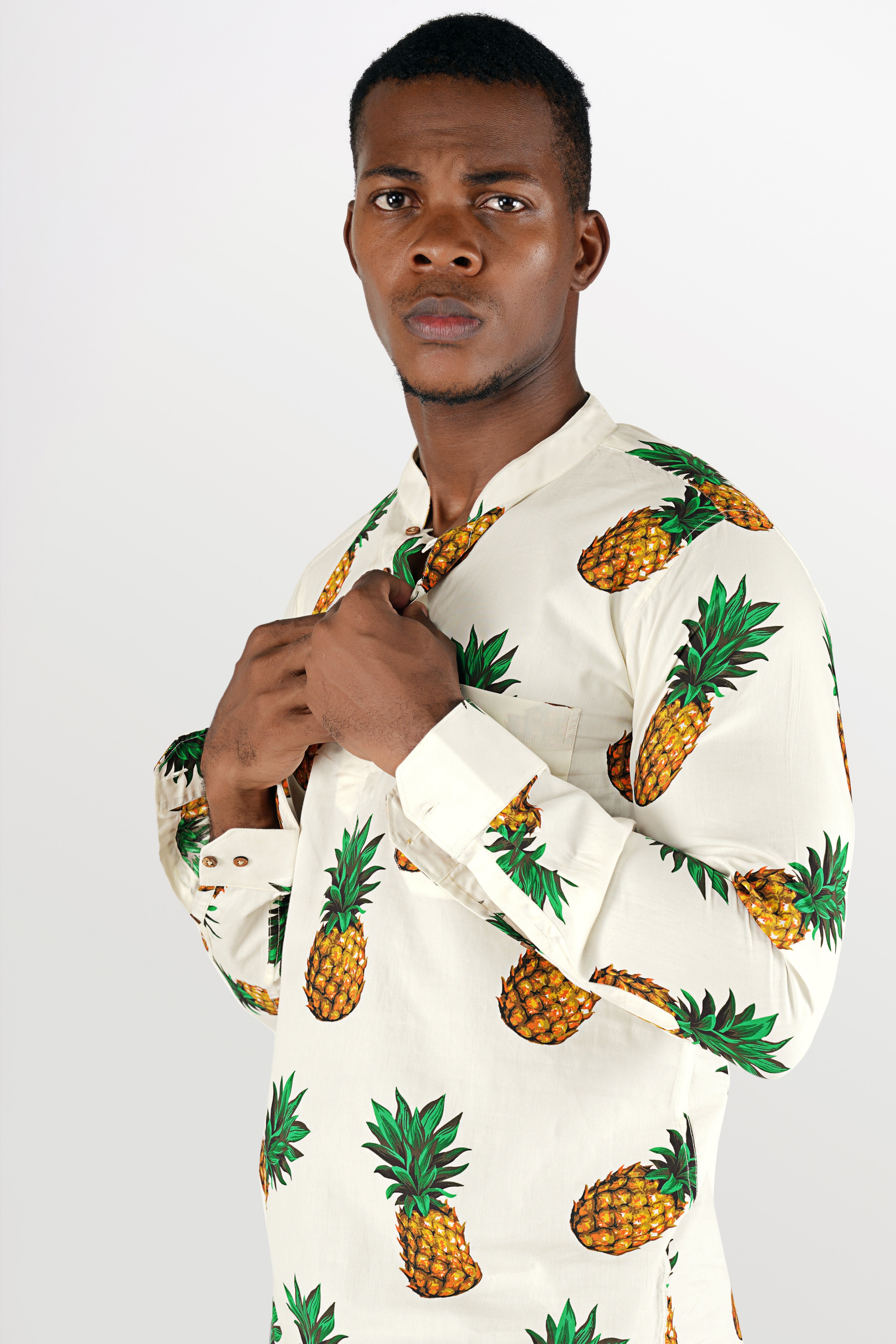 Off White Pineapple PrintsPremium Cotton Indian Kurta Style Shirt