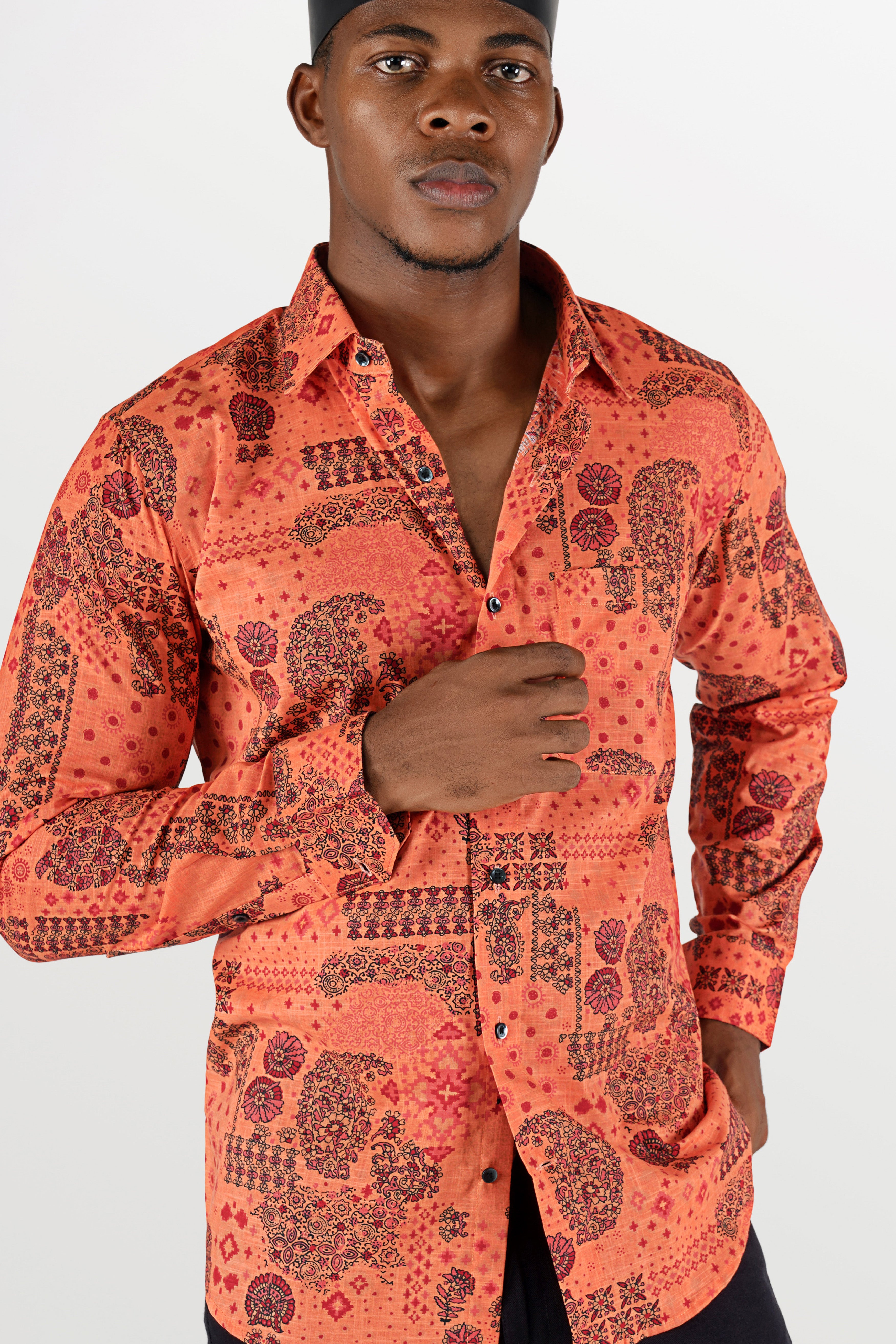 Geraldine Orange Ethnic Printed Chambray Shirt