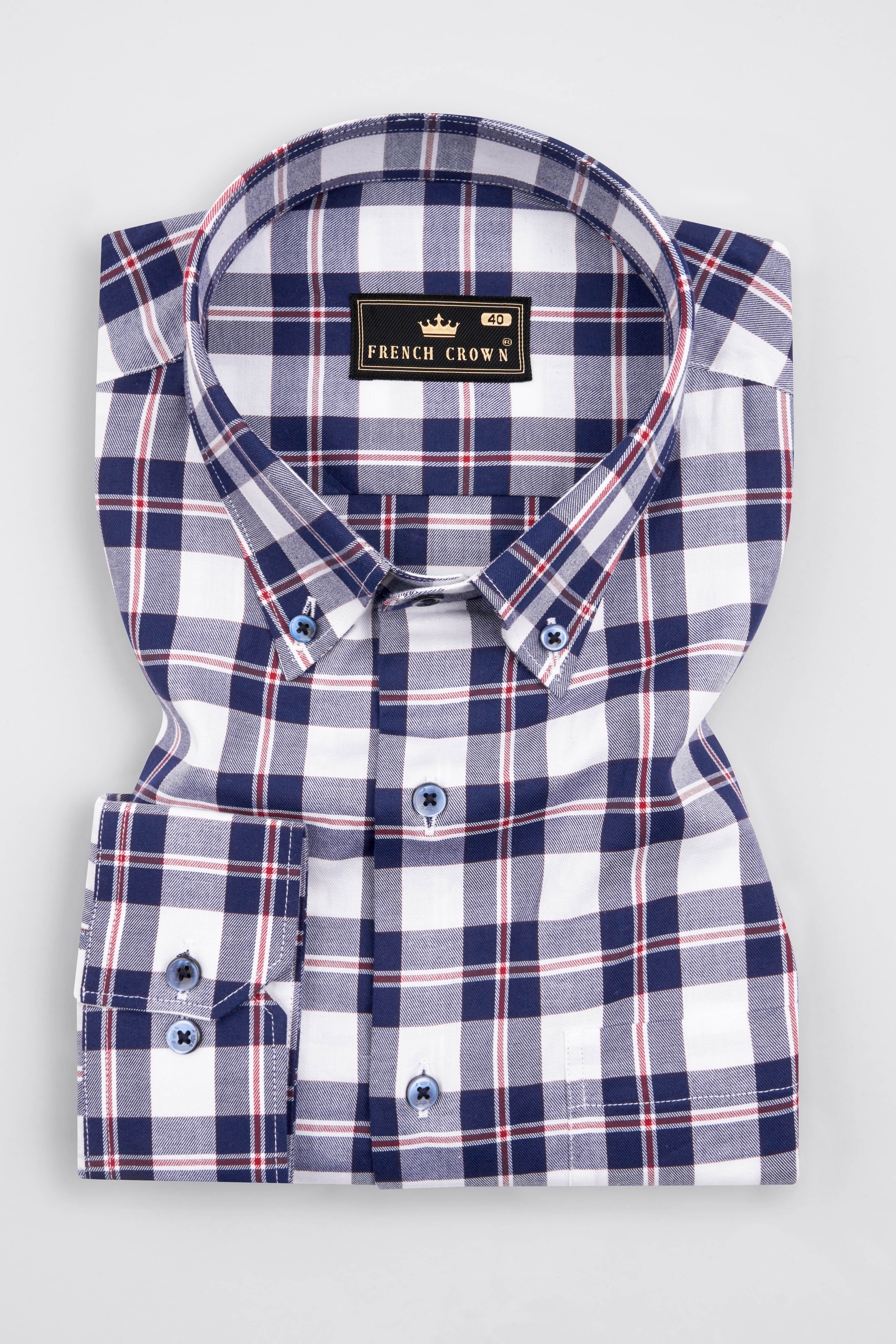 Bright White with Downriver Blue and Monza Red Checkered Twill Premium Cotton Shirt