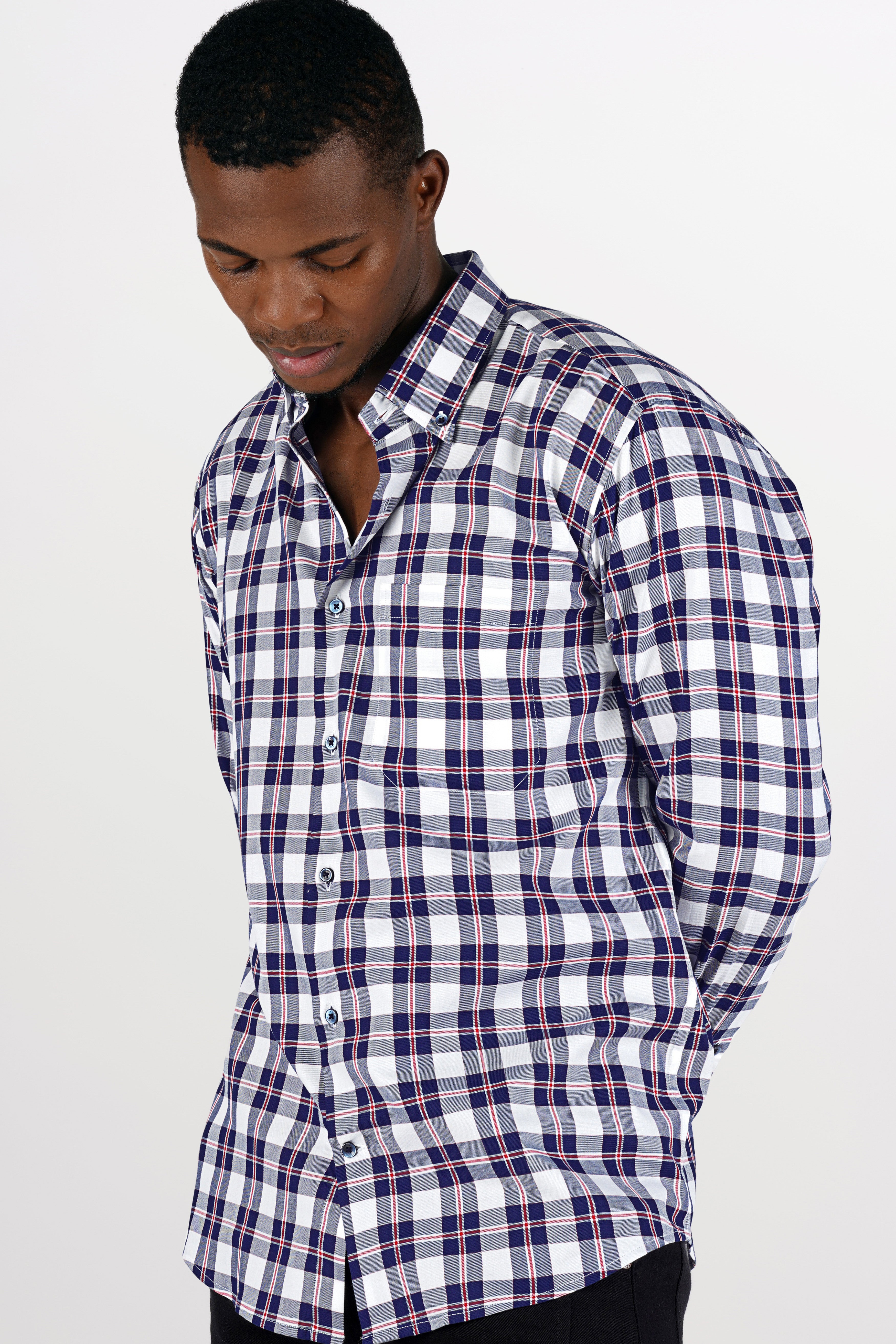 Bright White with Downriver Blue and Monza Red Checkered Twill Premium Cotton Shirt